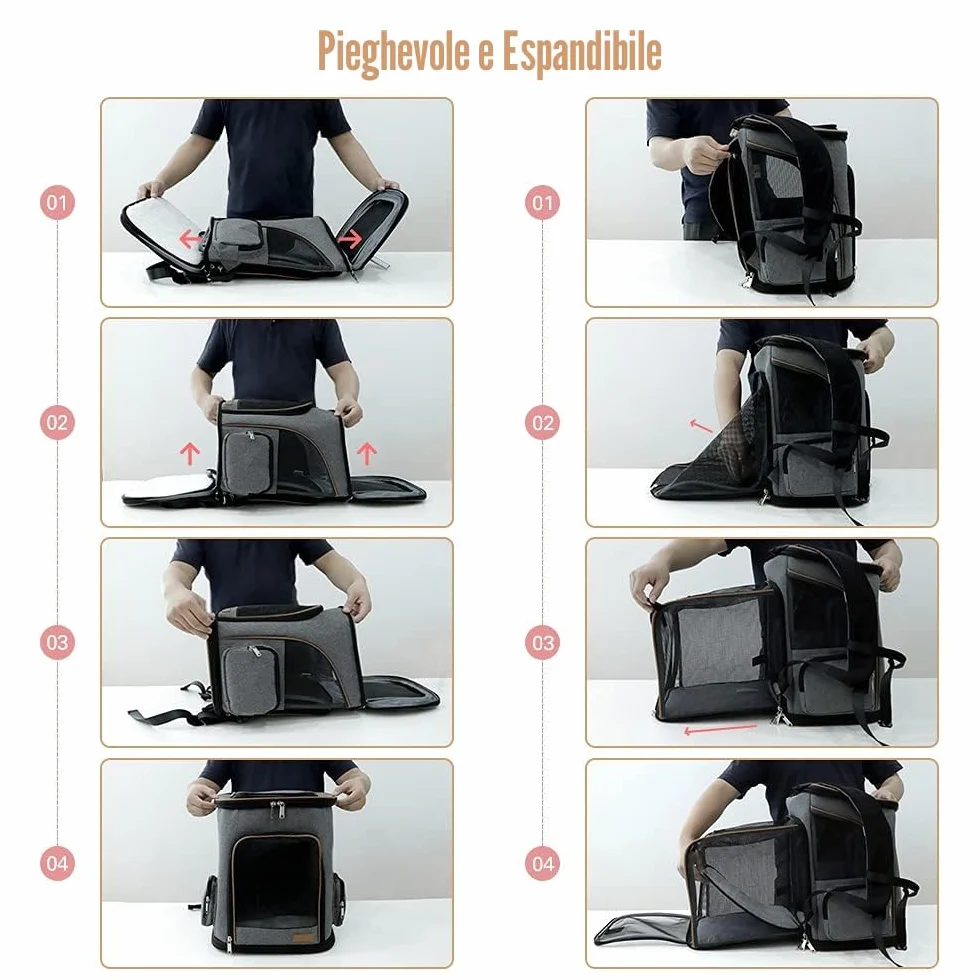 Lekesky Zaino per Cani Gatti Grande Porta Animali Estensibile, Portatile Zaino Trasportino Gatto Pieghevole con Guinzaglio Interno e 2 Tappetini, Per Cani Piccoli Gatti Medi Fino a 5 KG, Grigio