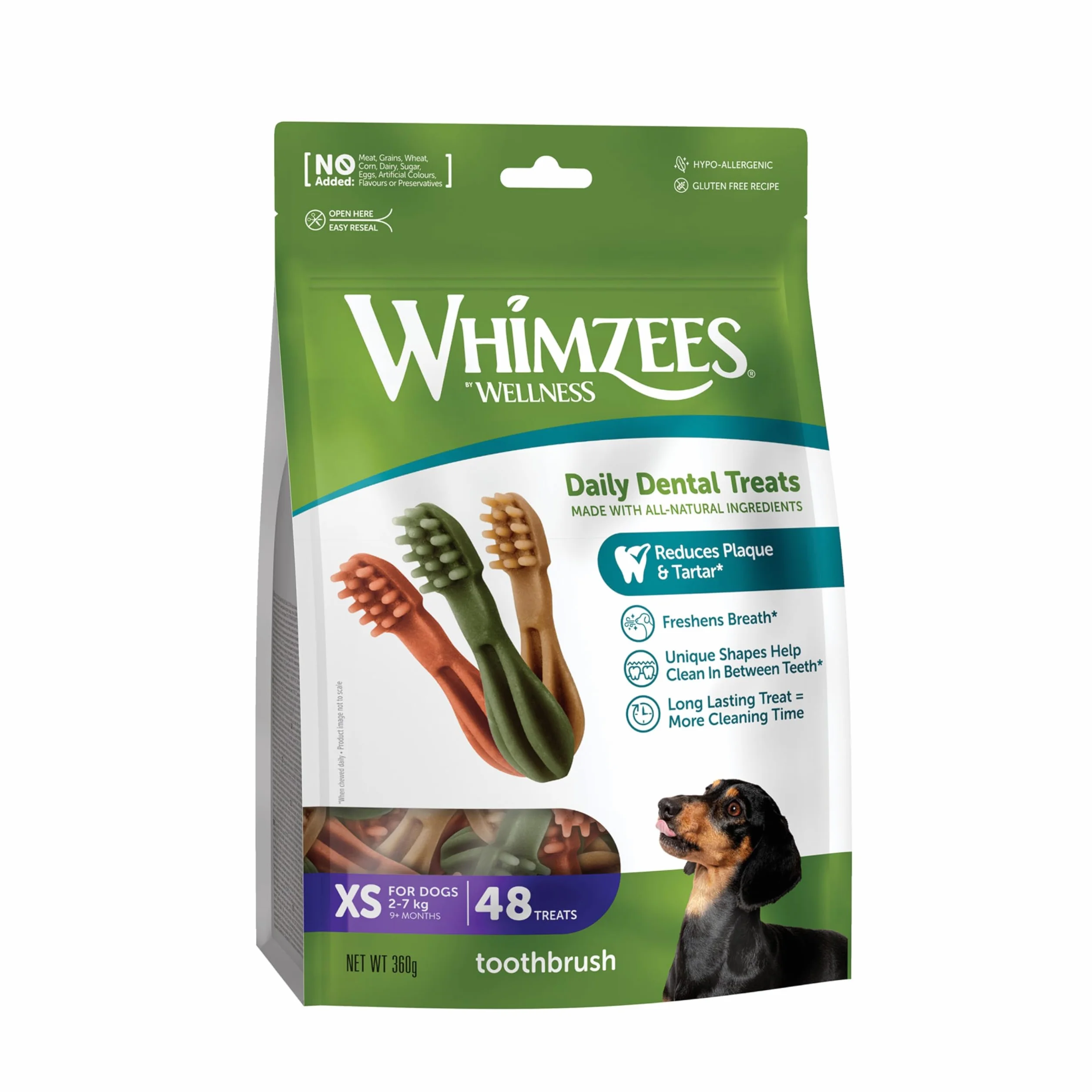 WHIMZEES Spazzolini da denti XS, 48 Pezzi – Taglia XS, Snack per Cani di Taglia Molto Piccola, Naturali & Senza Cereali, Vegetariane, Senza Zuccheri Aggiunti