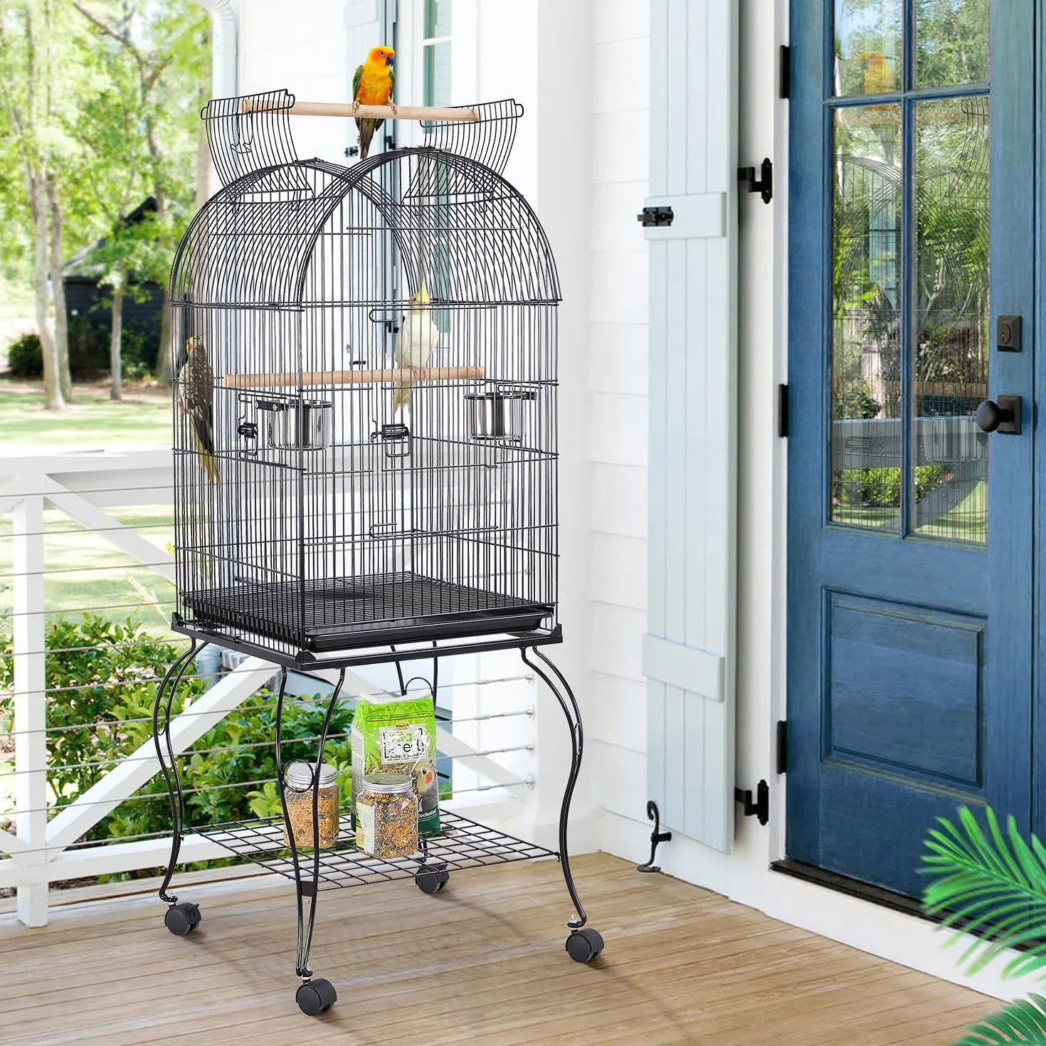 Yaheetech Gabbia Voliera per Uccelli Pappagalli con Carrello e Tetto Apribile in Metallo e Legno Nero 59 x 59 x 150 cm