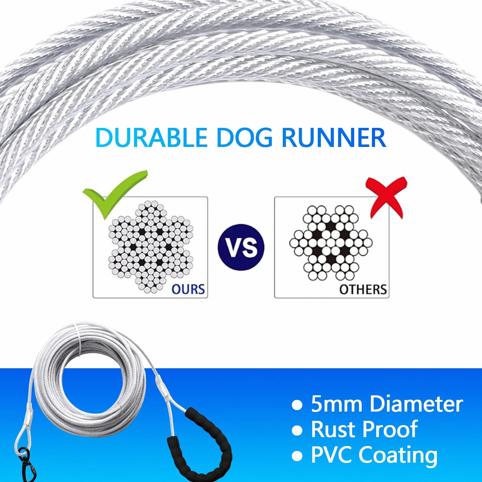 Sistema di Cavi per Cani 3in1, 50/100ft in Metallo Con Gancio Girevole a 360°, Guinzaglio da Corsa per Addestramento in Campeggio 250lbf/15m+3m/Argento