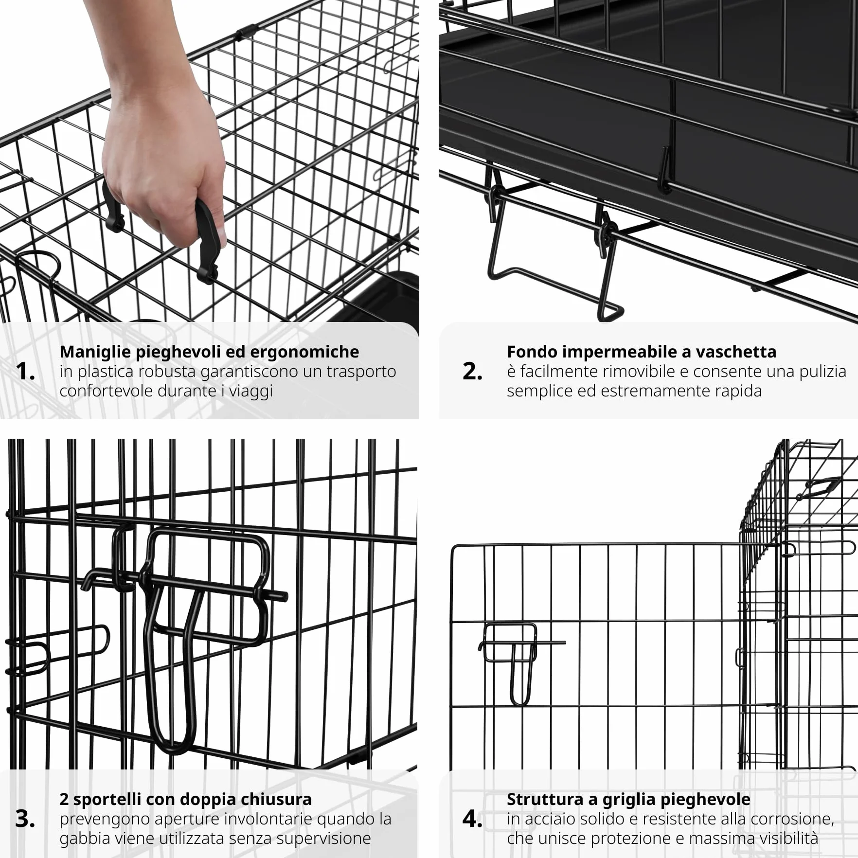 tectake® Trasportino Auto per Cani Spazioso, 78x48x52,5cm, Gabbia per cani con Griglia in Acciaio Robusta, per Gatti, Pieghevole, 2 Porte, Doppia Chiusura, Vasca Rimovibile, 2 Maniglie per Trasporto