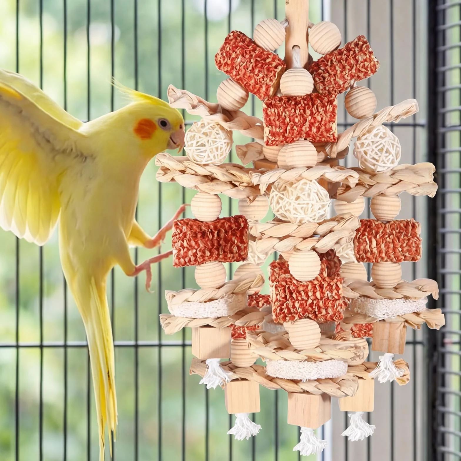 Giochi per Pappagalli in Legno Naturale da Masticare con Blocchi Appesi per Small Medium Parrocchetti Lovebirds