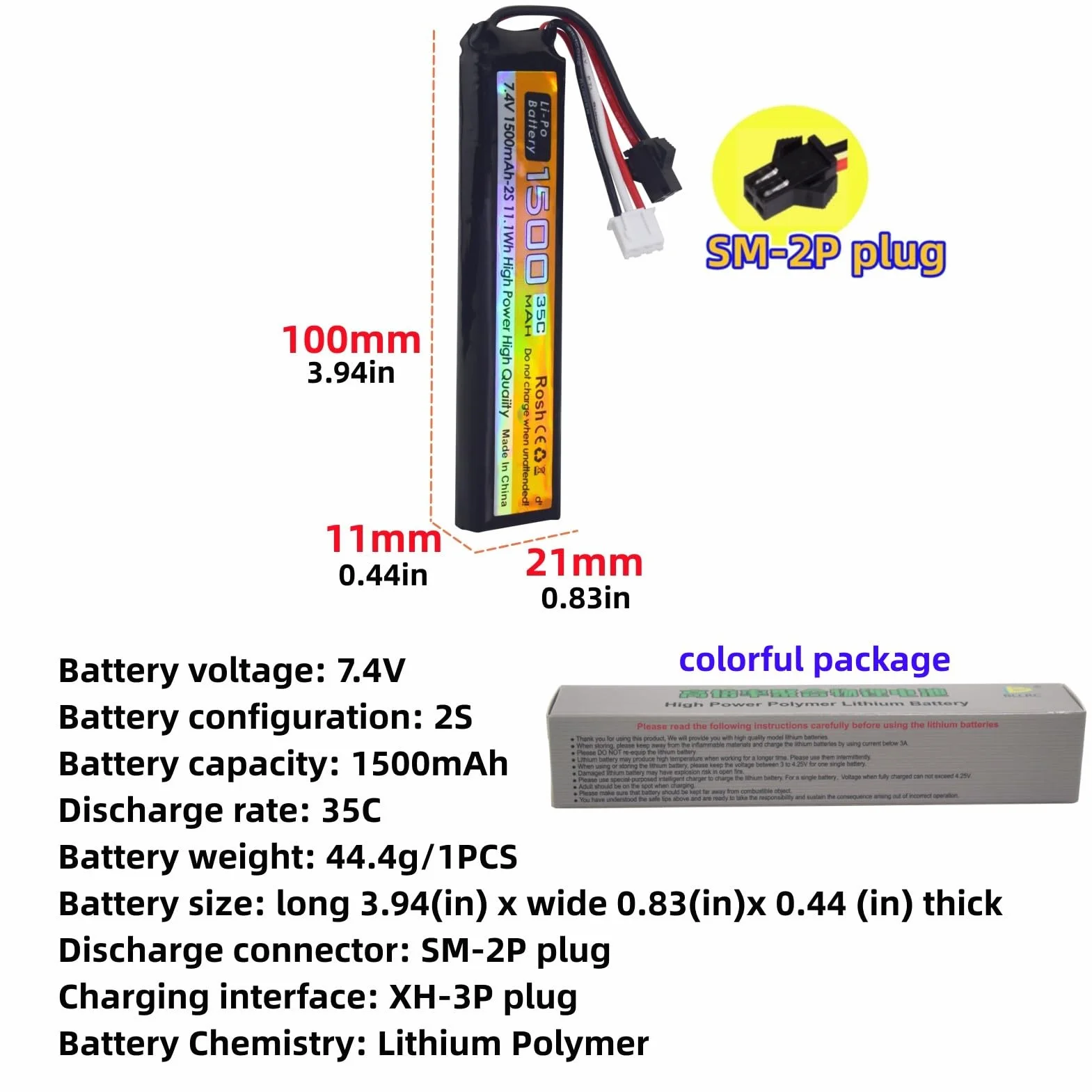 2PCS 7.4V 35C 1500mAh Spina SM-2P Spina T Spina Odamiya Li-ion batteria con cavo di ricarica USB per Airsoft modello pistole fucili RC auto droni