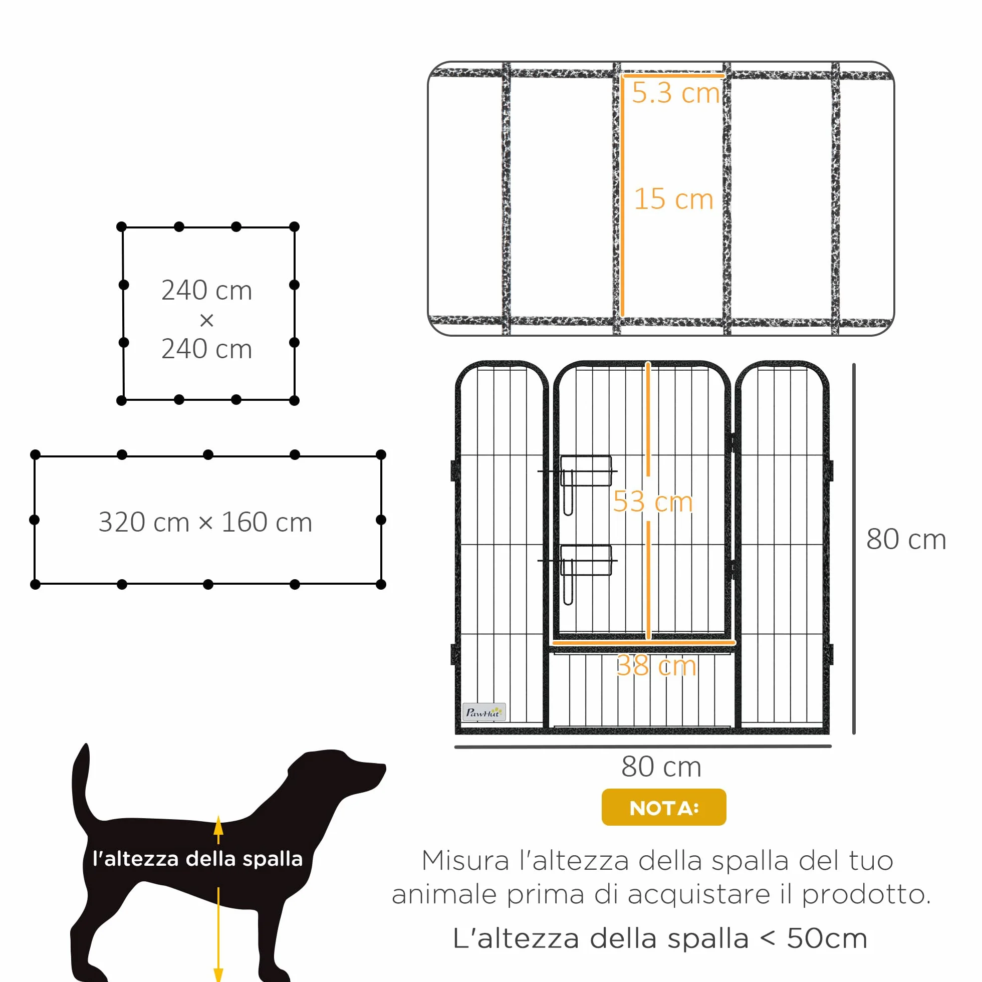 PawHut Recinto per Cani 12 Pannelli Modulabili 80x1.5x80 cm Box Pieghevole con Porta in Acciaio Grigio