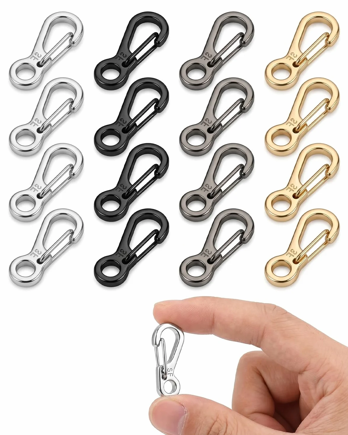 TISCH 16 Mini Moschettoni Piccoli S-Form 2.4cm Acciaio Inox per Portachiavi, Zaini, Fai da Te. 4 Colori (Argento, Nero, Antracite, Oro Pallido). Robusti e Versatili.