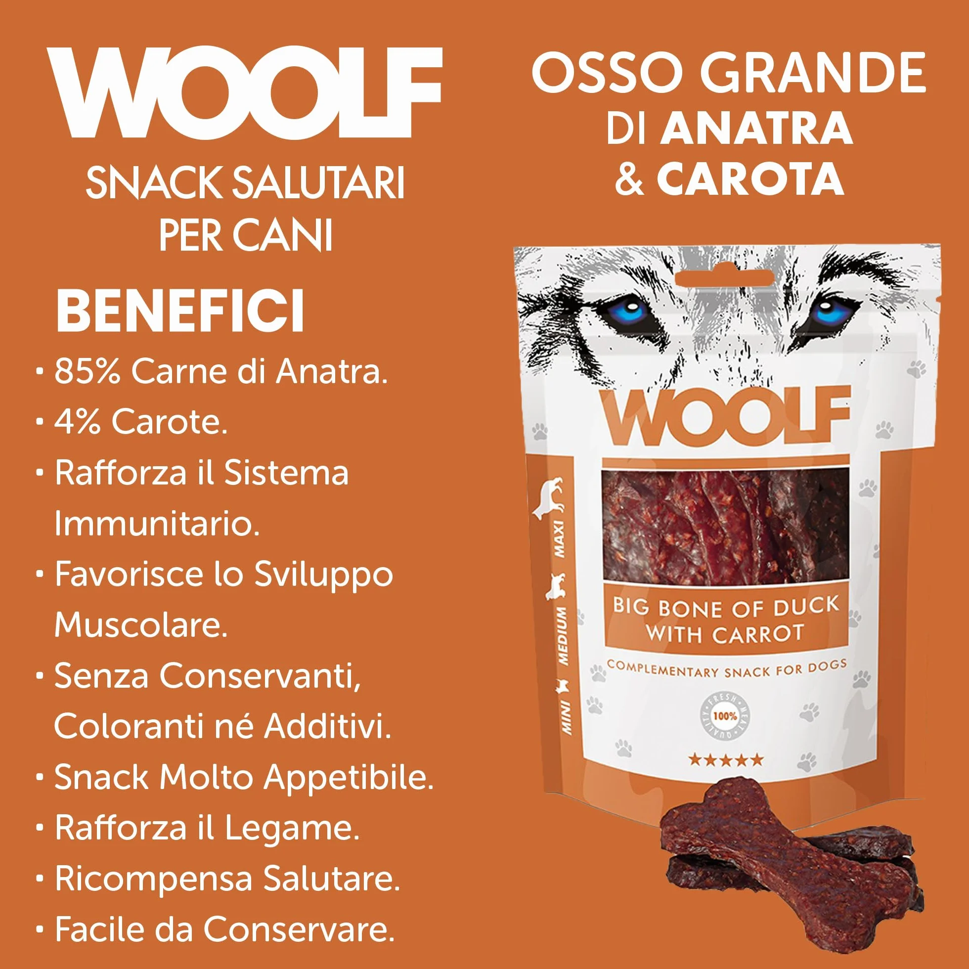 Snack per cani dental stick per cani premietti addestramento masticativi lunga durata osso pulizia denti cane al gusto anatra e carota 100 g | WOOLF
