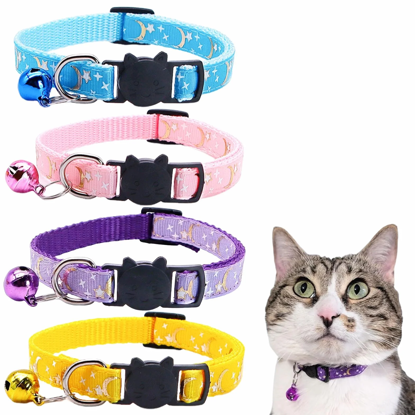 4 Pezzi Collare Gatto Antistrozzo con Campanellino e Fibbia di Sicurezza Regolabile Collare per Gatti e Gattini con Motivo a Cartone Animato Collarino Gatto Set