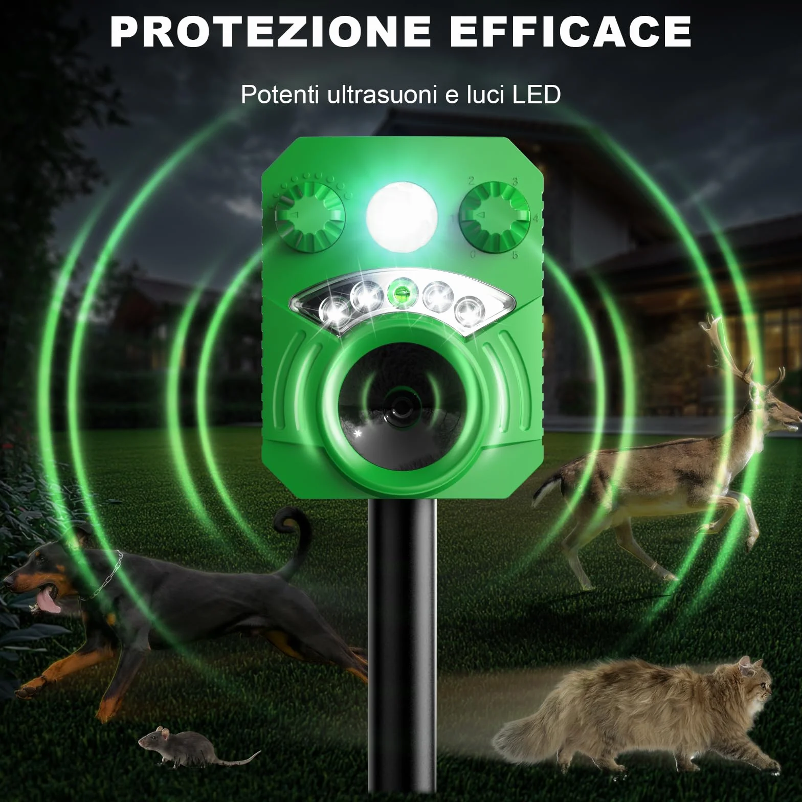 HOPPE'S Repellente per gatti, 5 modalità dissuasore per animali ad ultrasuoni alimentato ad energia solare, repellente per cani con luci LED per animali domestici, efficace contro piccioni, uccelli,