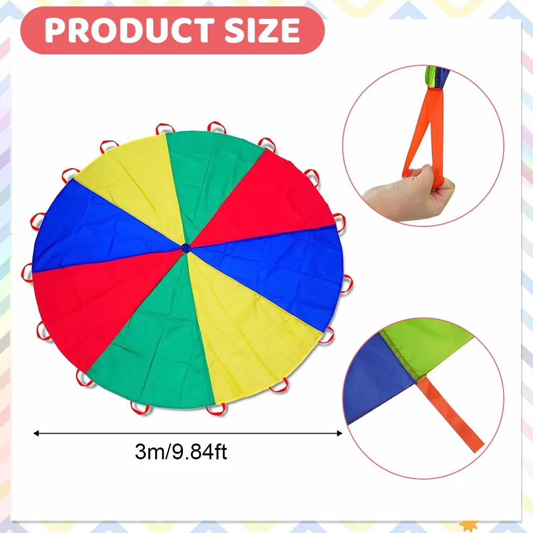 Paracadute Bambini Professionale 300 cm 3m Telo Arcobaleno con Maniglie per Giochi di Gruppo 12 Bambini