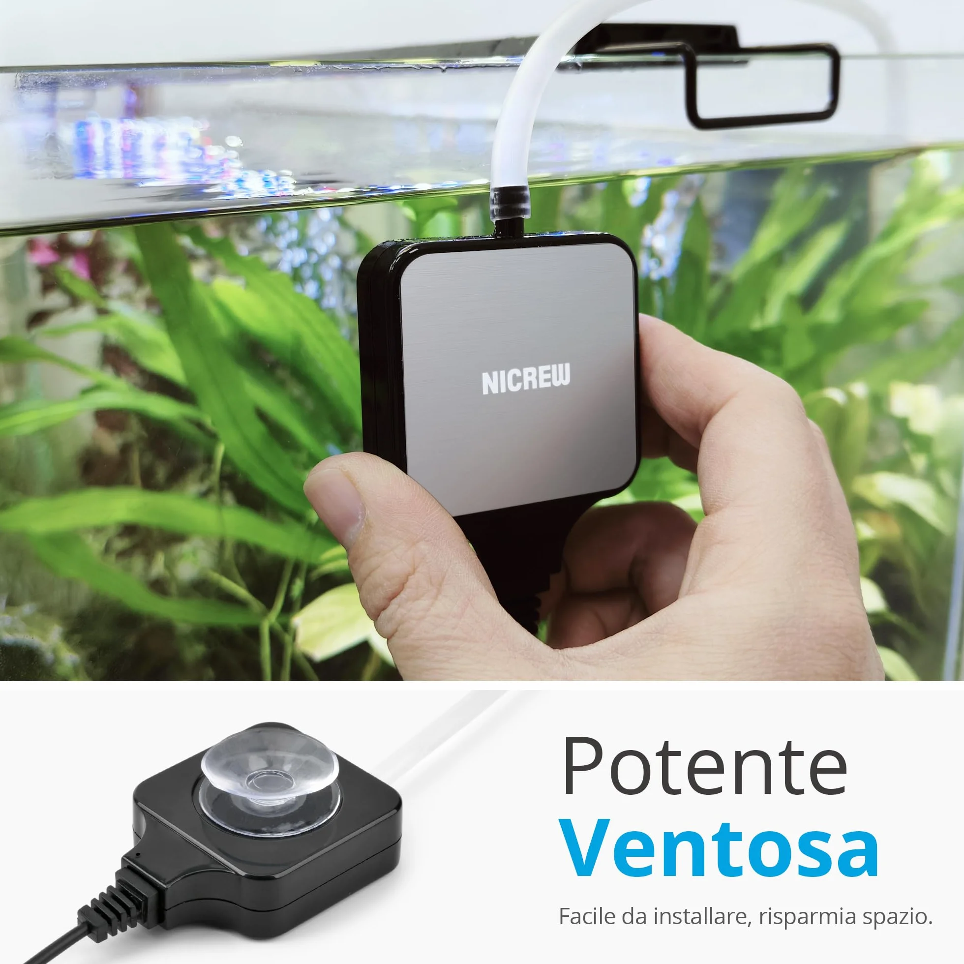 NICREW Ossigenatore per Acquario Ultra-Silenzioso <33 dB, Nano Silent Mini Aeratore fino a 40 L, Accessori per Acquario Nano, 18 L/H, 1,5W