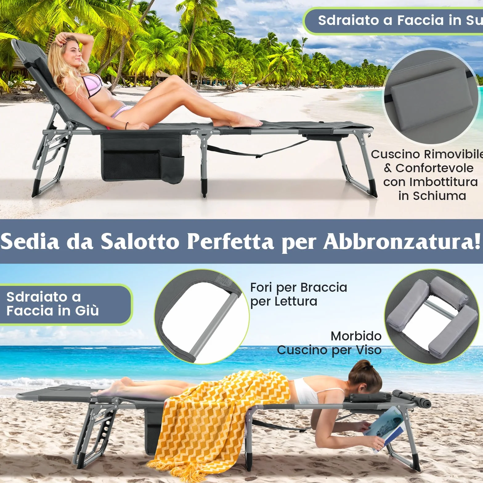 COSTWAY Lettino Prendisole Pieghevole Portatile, Lettino da Spiaggia con Fori per Viso e Braccia, Cuscino Poggiatesta e Tasca, Schienale Regolabile, per Mare e Piscina, Portata 180 kg (Grigio Scuro)
