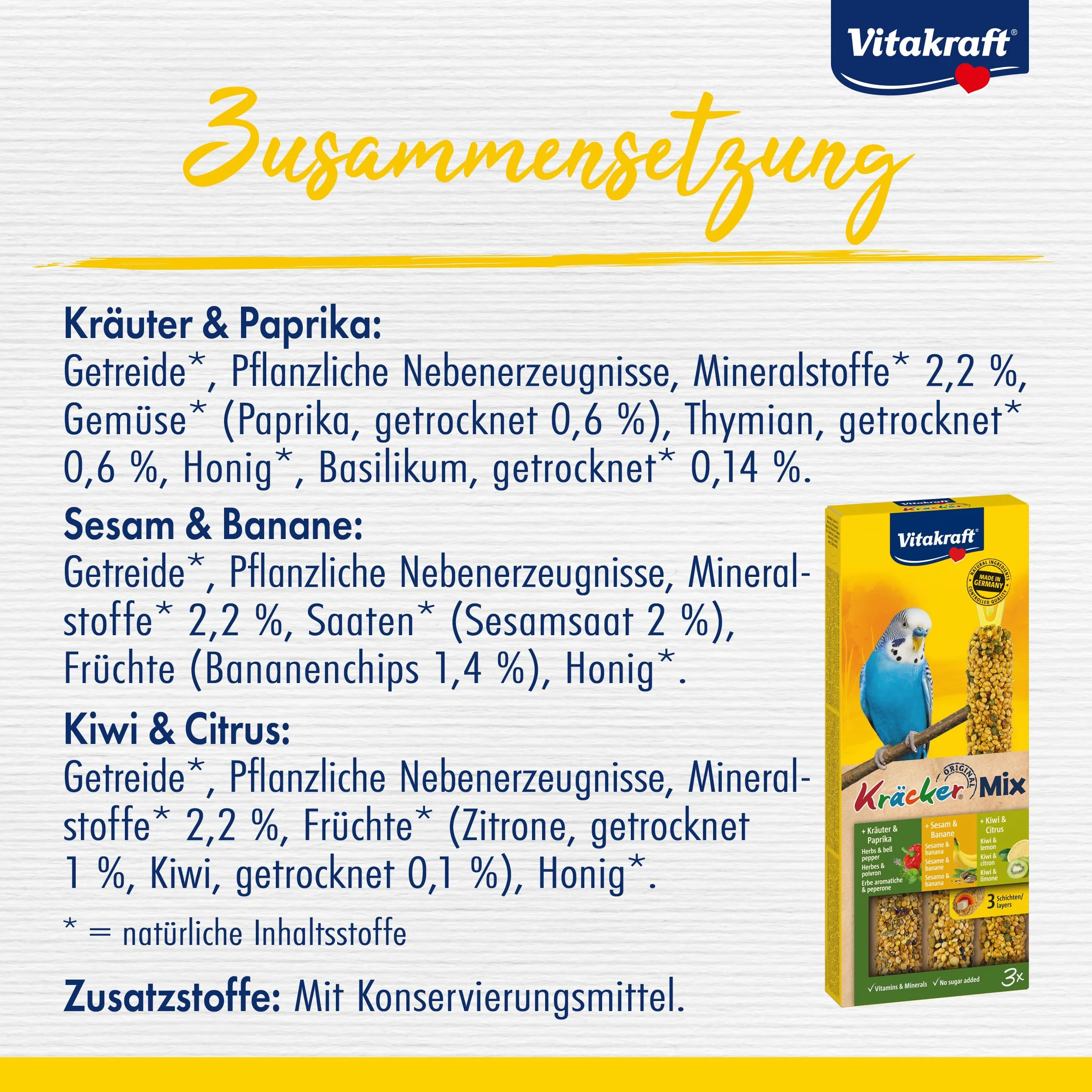 Vitakraft Kräcker Mix snack uccelli per pappagallini ondulati bastoncini da masticare con erbe aromatiche e peperone kiwi limone banana sesamo senza zuccheri aggiunti 90g