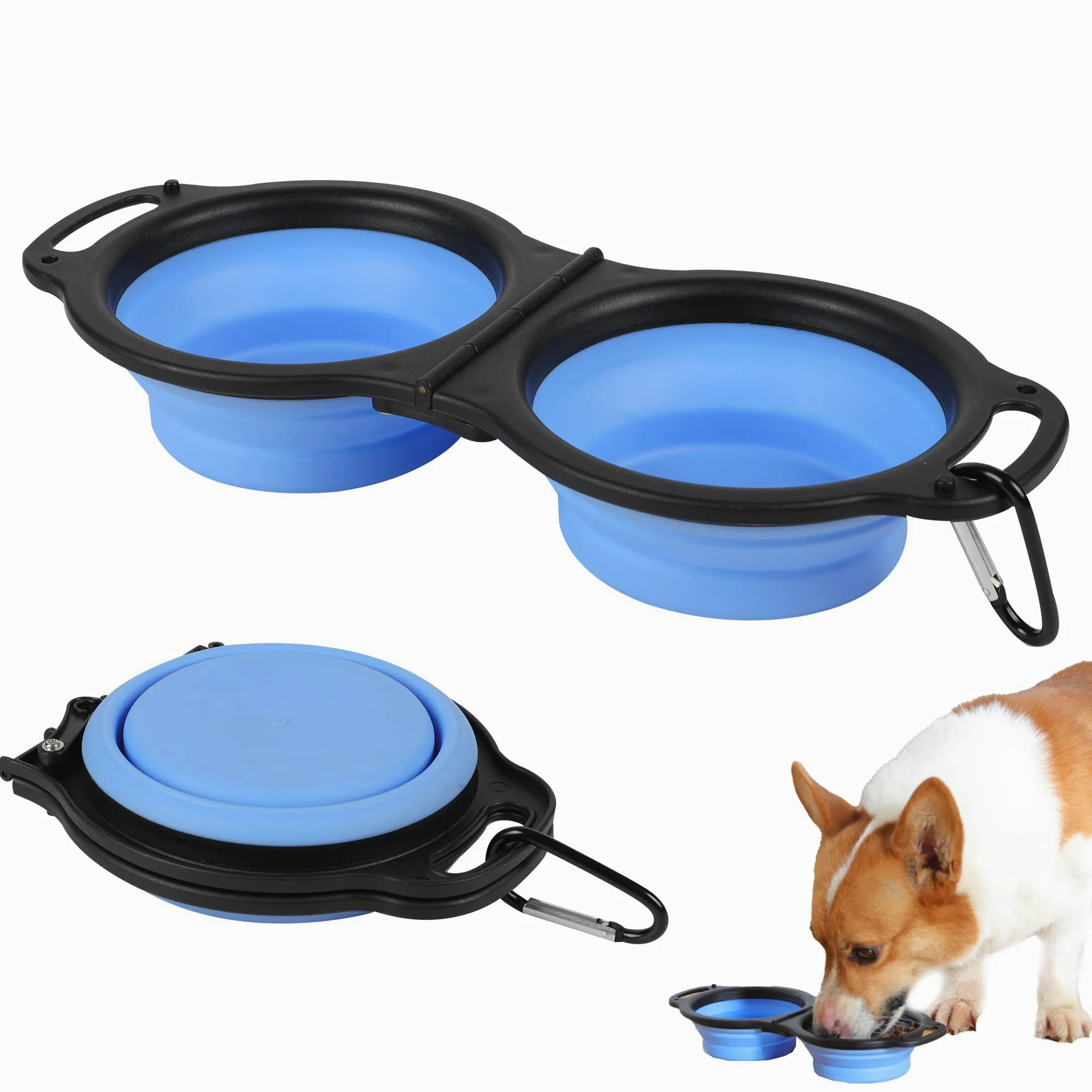 Ciotole pieghevoli per cani, ciotola portatile da viaggio per animali domestici, 2 in 1 espandibile in silicone per cibo e acqua per animali domestici, ciotola doppia per mangiatoia per gatti con