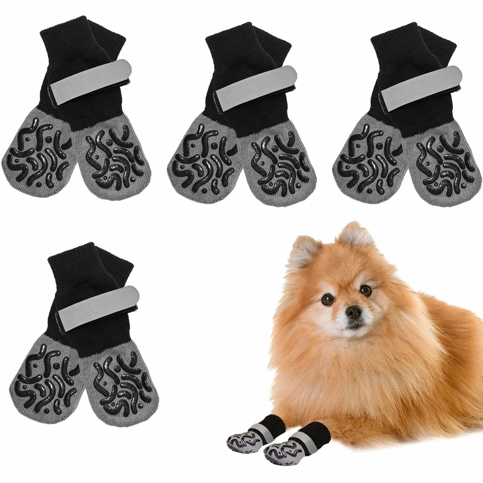 4 Paia Calzini Antiscivolo, Scarpe per Cani Protezioni per Le Zampe Regolabili Tramite Cinturini,Ideali per Uso Interno Ed Esterno, Calzini per Cani Taglia Piccola Media (S)