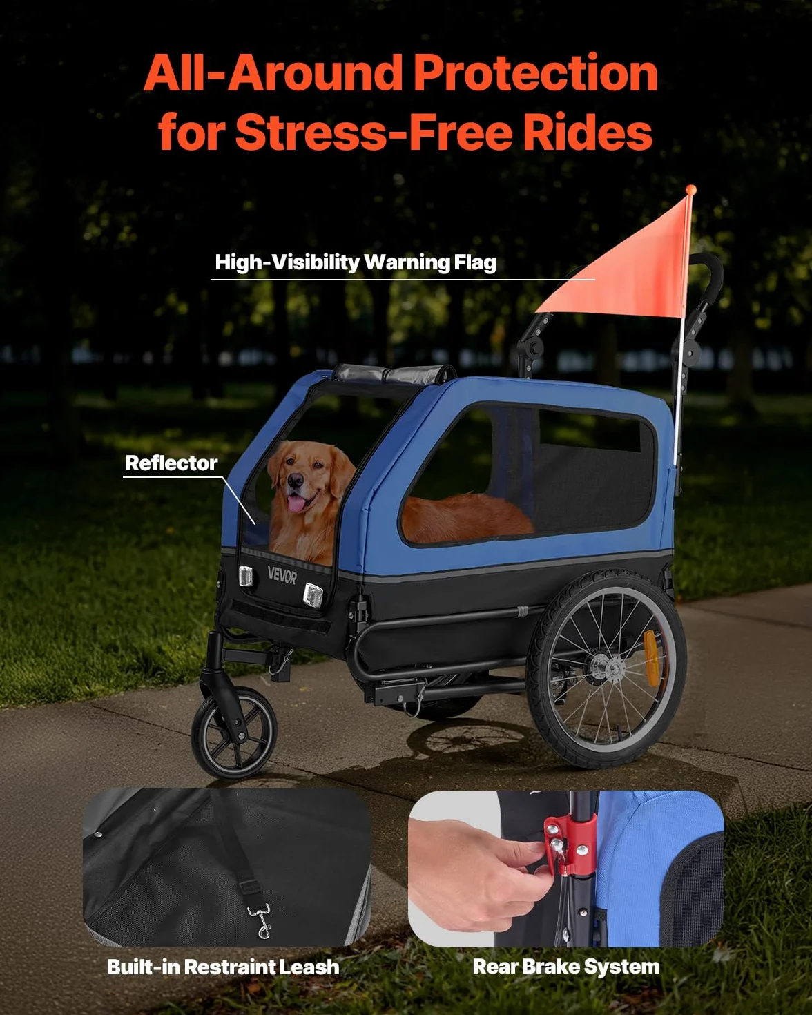 VEVOR Rimorchio per Bici per Cani, Supporta Fino a 40 kg, Carrello Portabici, Telaio Pieghevole Facile con Ruota a Sgancio Rapido, Attacco Universale per Bicicletta, Guinzaglio Interno