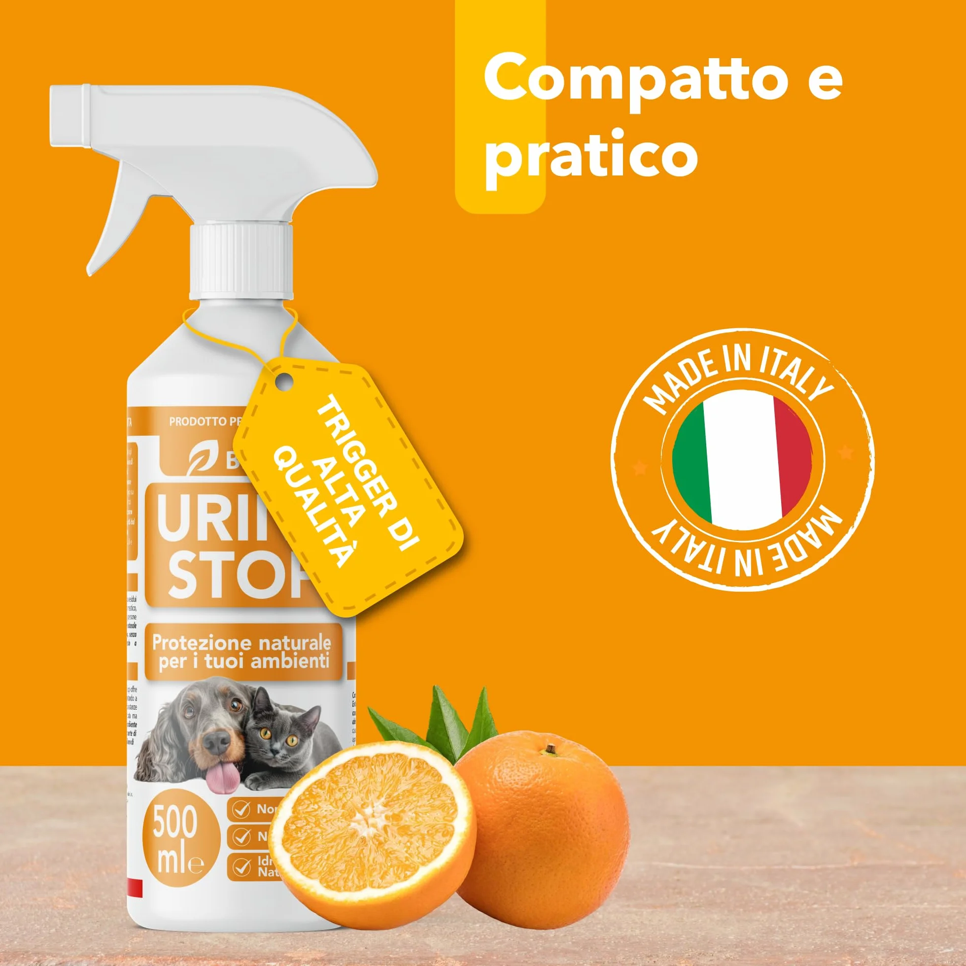 Bionee Urine Stop Spray Naturale per Cani e Gatti 500 ml – Doppia Azione: Disabituante agli Agrumi + Elimina Odori – Pronto all’Uso, Non Macchia, Sicuro per Ambienti Interni ed Esterni
