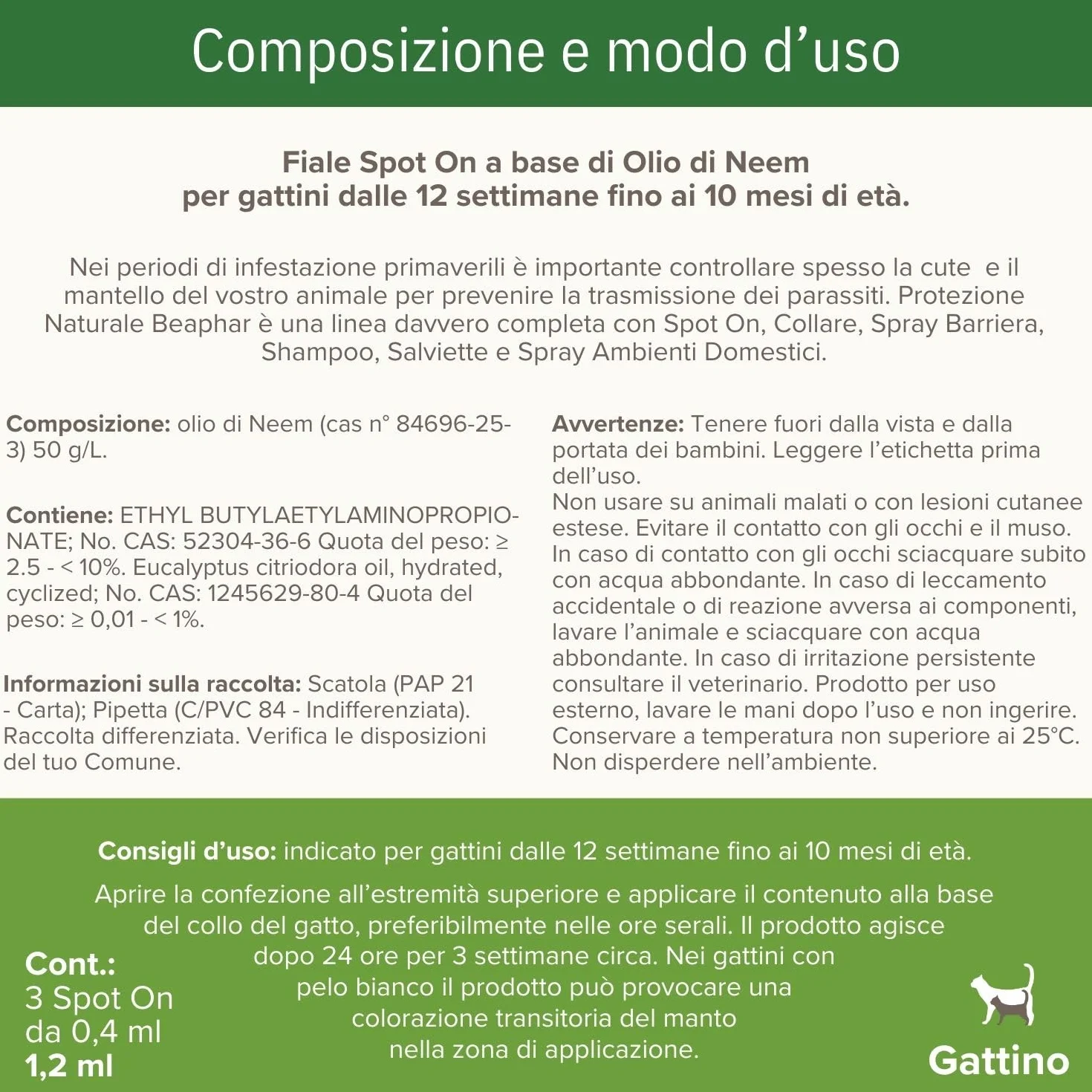 Beaphar Protezione Naturale Spot-On Scudo per Gattino, Olio di Neem e Piretro Vegetale, 3 Pipette 2 ml