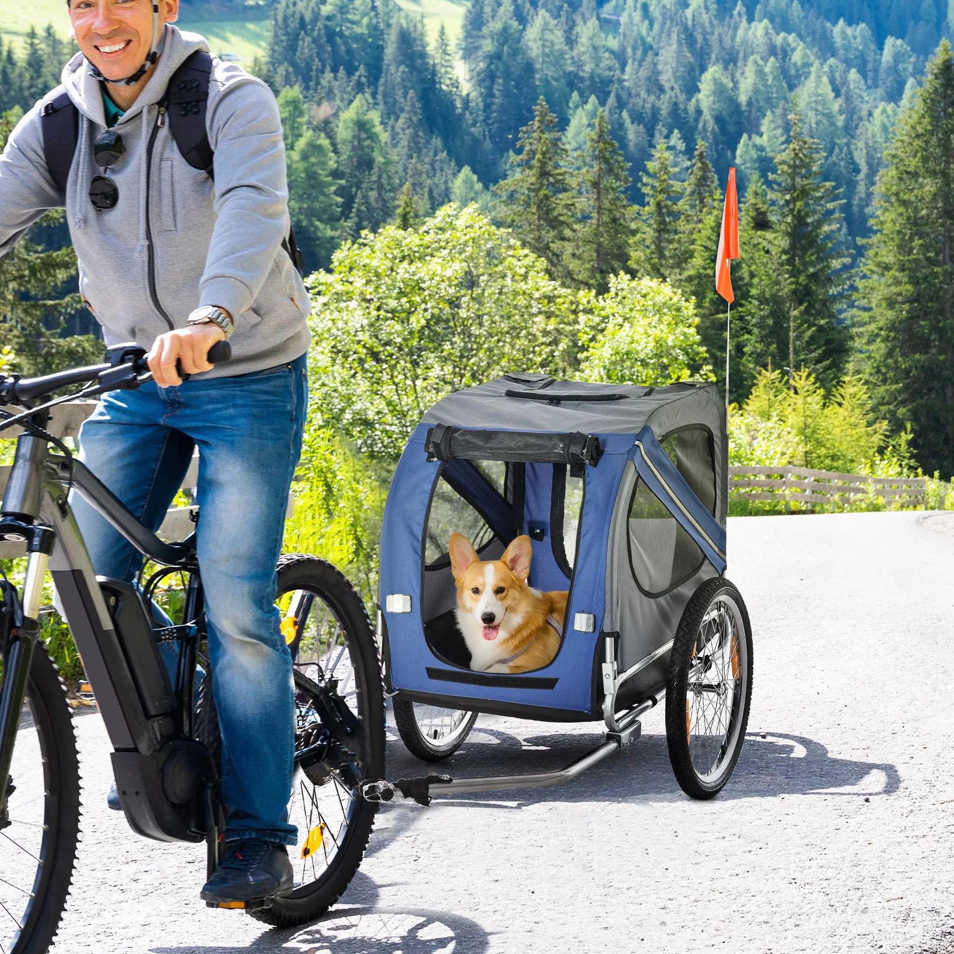 PawHut Rimorchio da Bicicletta per Cani e Gatti 2 Grandi Ruote da 50cm Buona Ventilazione Bandiera di Sicurezza Resistente alle Intemperie Acciaio e Tessuto Oxford