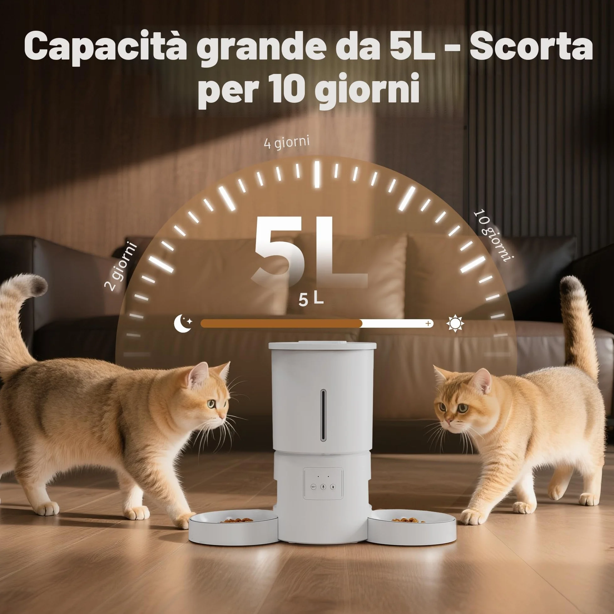 Distributore Automatico Cibo Gatti 2 Ciotole: 5L Distributore Automatico Cibo Cane con Timer WiFi 2.4G per Crocchette - Design Doppia Ciotola per Famiglie con Più Gatti & Cani - Bianco
