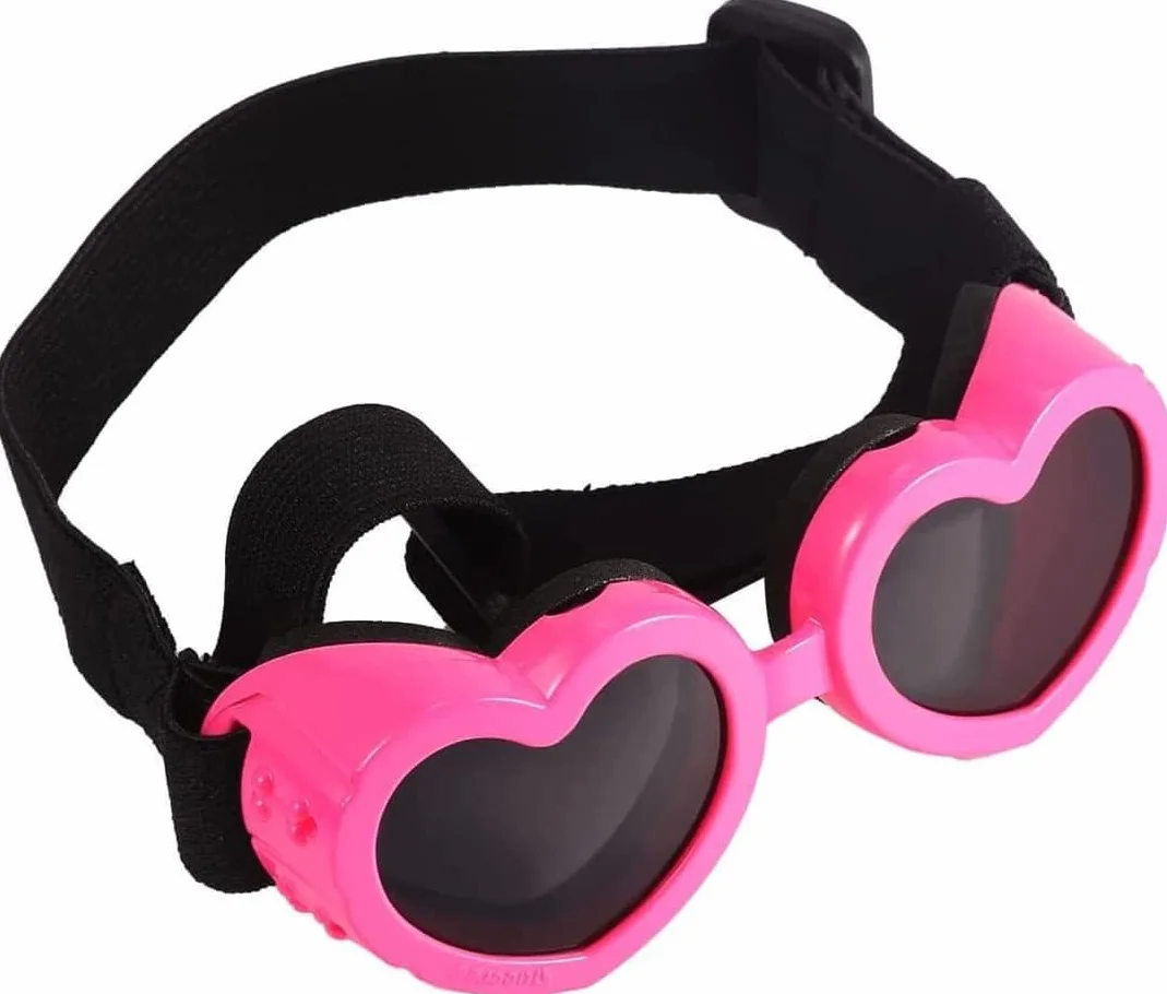 MEISO Occhiali per Cani, Occhiali da Sole Cani a Cuore con Cinturini Regolabili, Antivento, Anti Spruzzi, Anti Vento, Accessori Cani Domestici per Cani Taglia Piccola