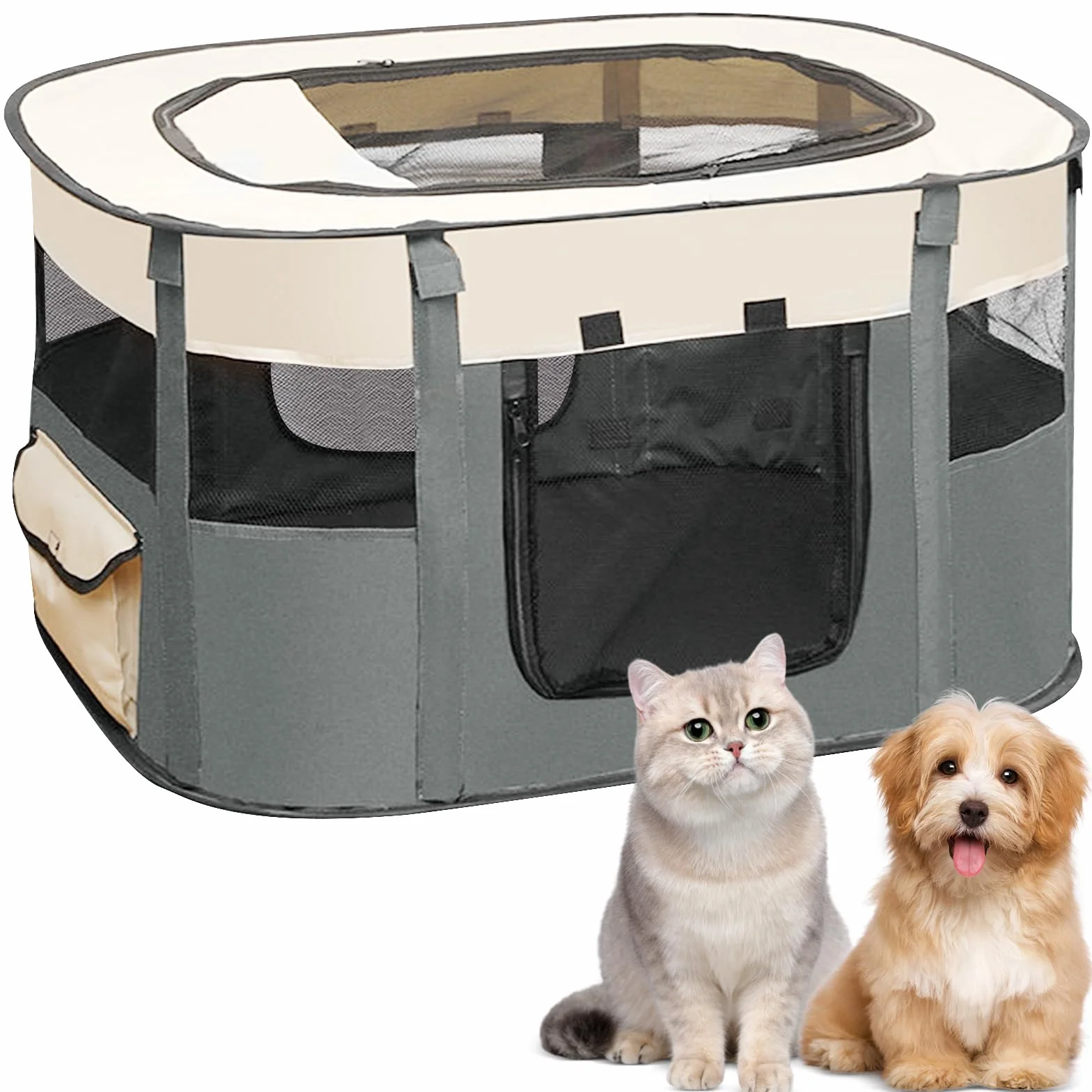 Recinto per Animali Pieghevole - Box per Cani e Gatti da Interno, Grigio 70 x 55 x 40 cm, Traspirante e Portatile - per Cuccioli, Gatti, Conigli