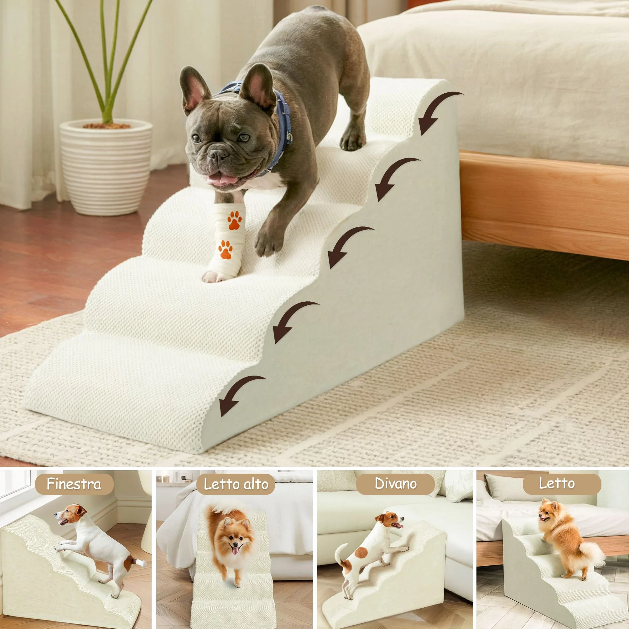 Scala per Cani e Gatti Piccoli 2 Gradini 30 cm Schiuma 30D Antiscivolo Fodera Lavabile Beige
