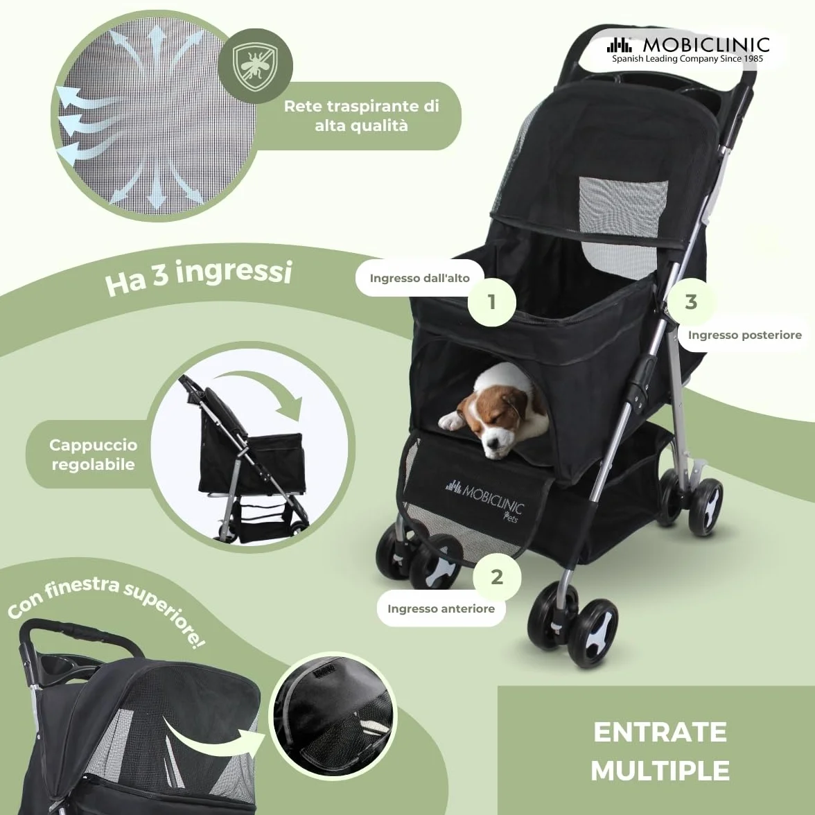 Mobiclinic Zuma Passeggino per cani fino a 15 kg Ruote con freni 360° Cestino xxl (nero)