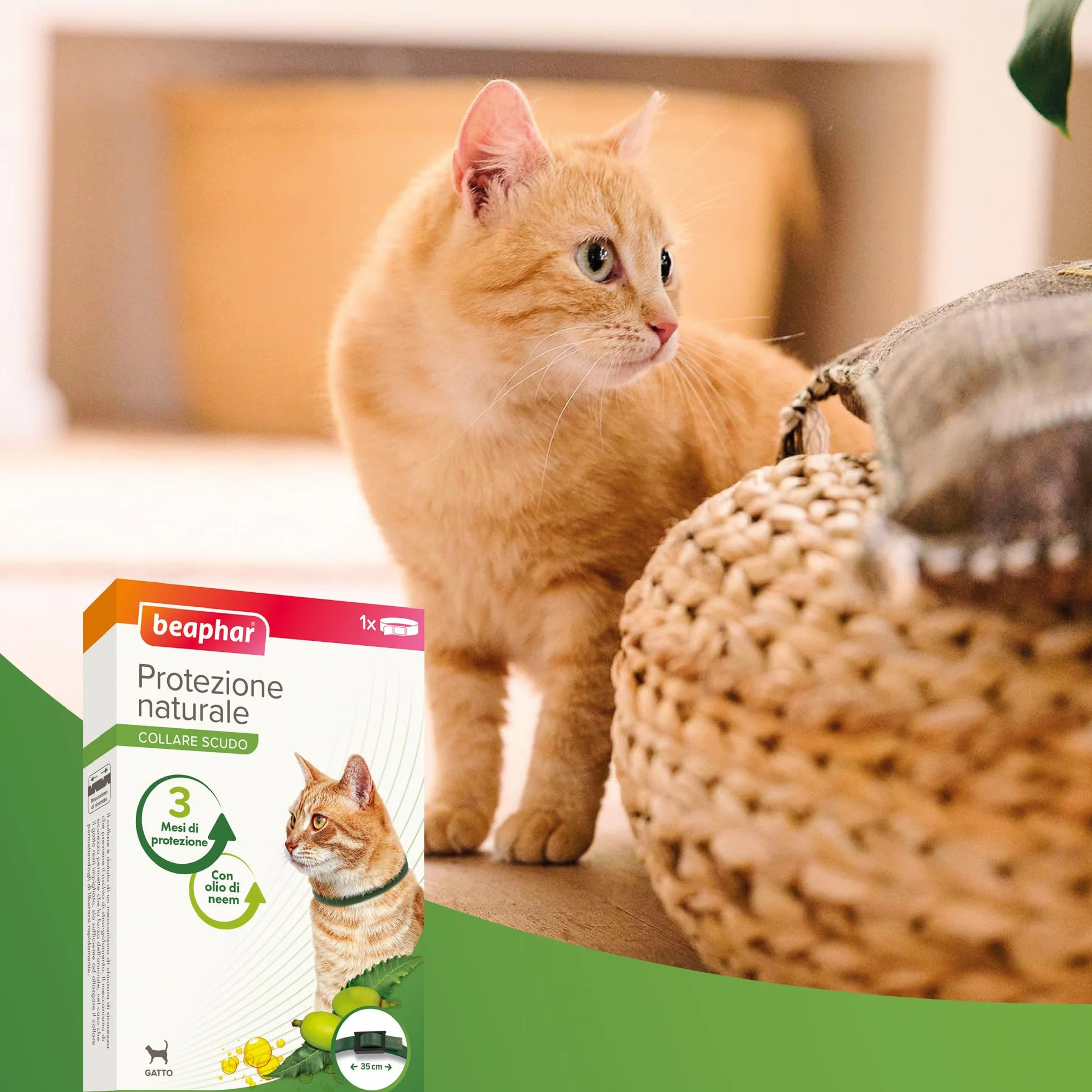Beaphar Protezione Naturale, Collare Scudo Regolabile per Gatto, con Olio di Neem, Fino a 3 Mesi di Protezione, 35 cm