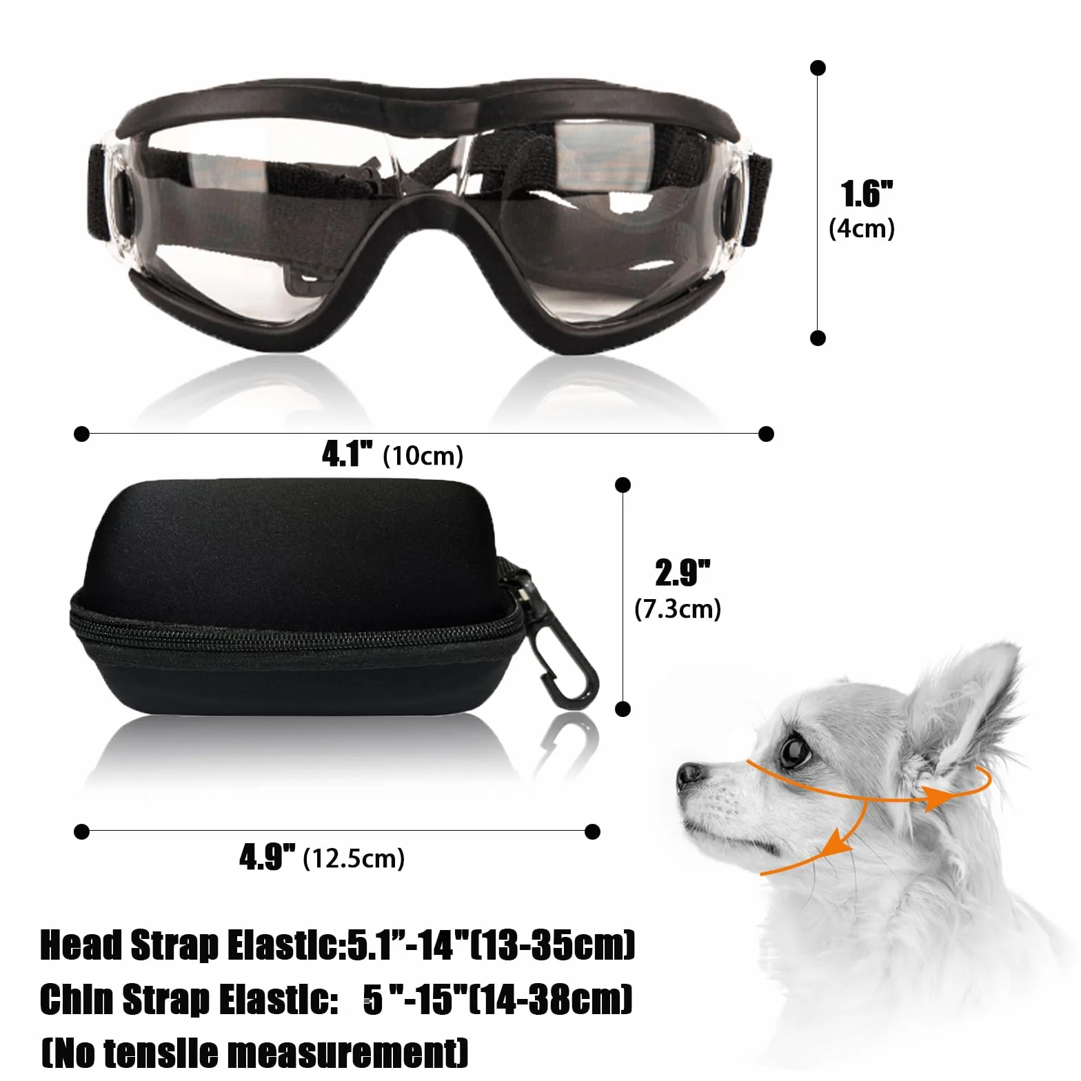 Occhiali da sole per cani di piccola taglia con protezione UV, regolabili, per cagnolini, cuccioli, anti-appannamento, vento, polvere e neve (montatura nera, lenti trasparenti)