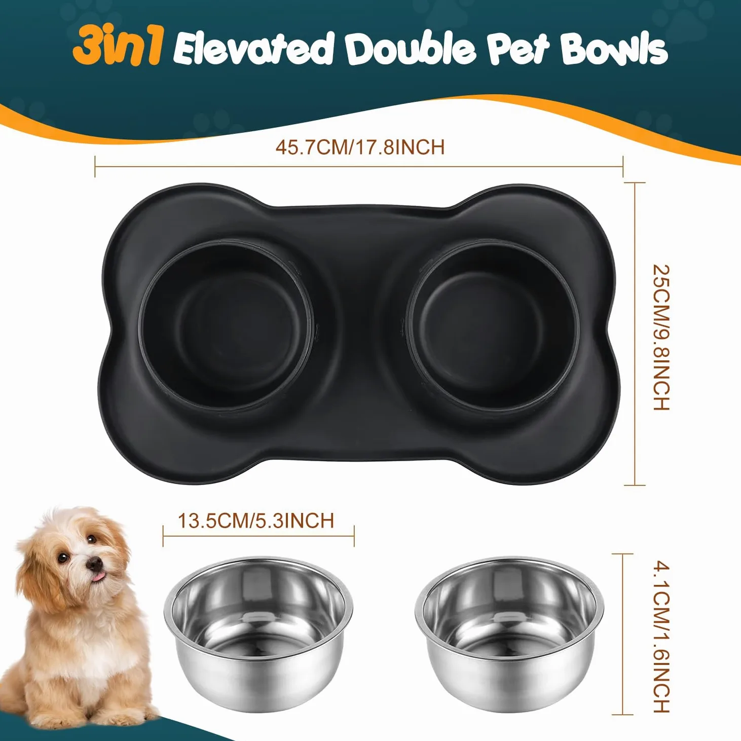 2 x 400 ml, ciotola per cani e gatti, in acciaio inossidabile, base antiscivolo, antitrabocco, anti-versamento, tappetino in silicone