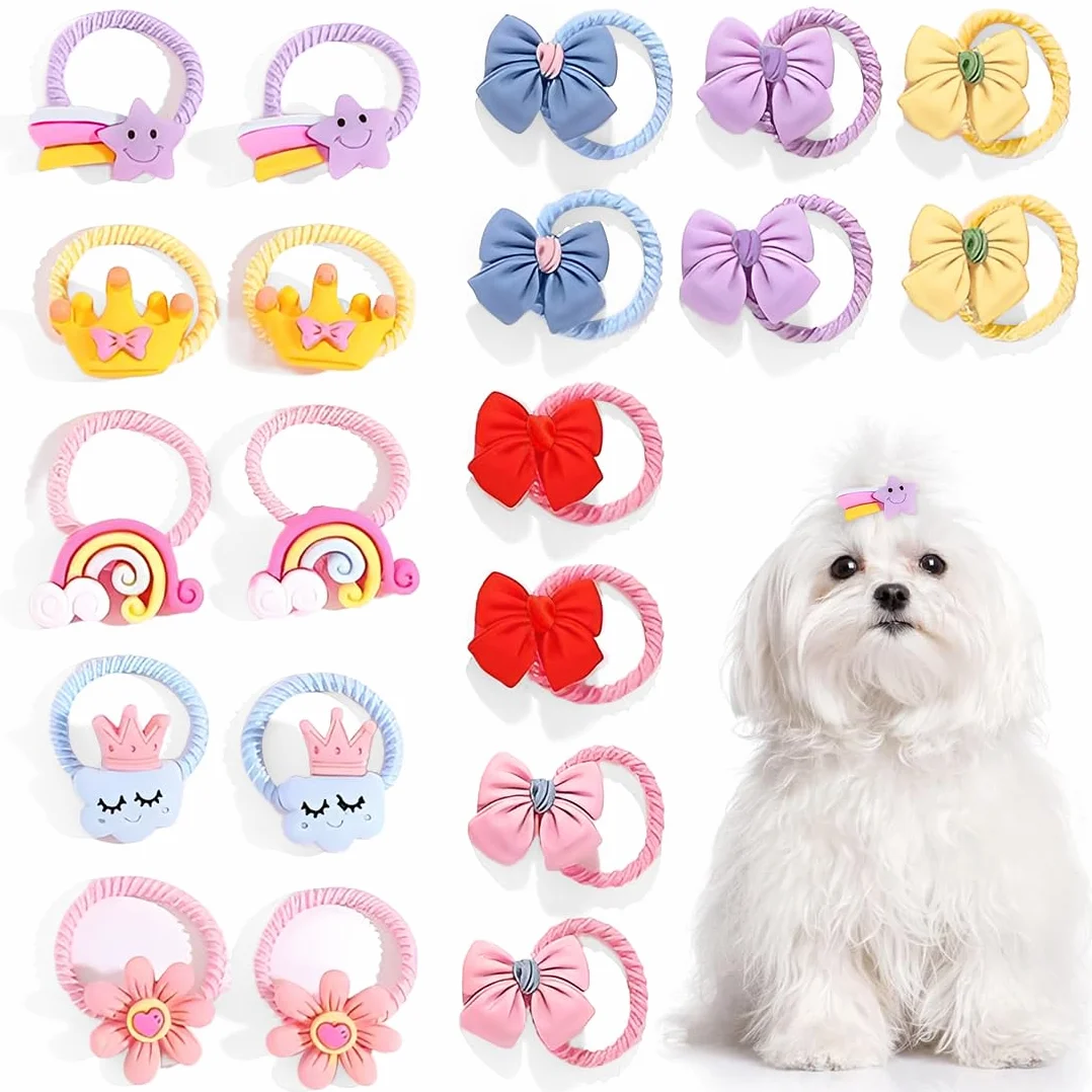 20 Accessori per Capelli Cani, Papillon & Mini Corone con Elastici, Fiocchi per Cani Piccole Razze (Maltese), Design Colorati per Cuccioli Femmine
