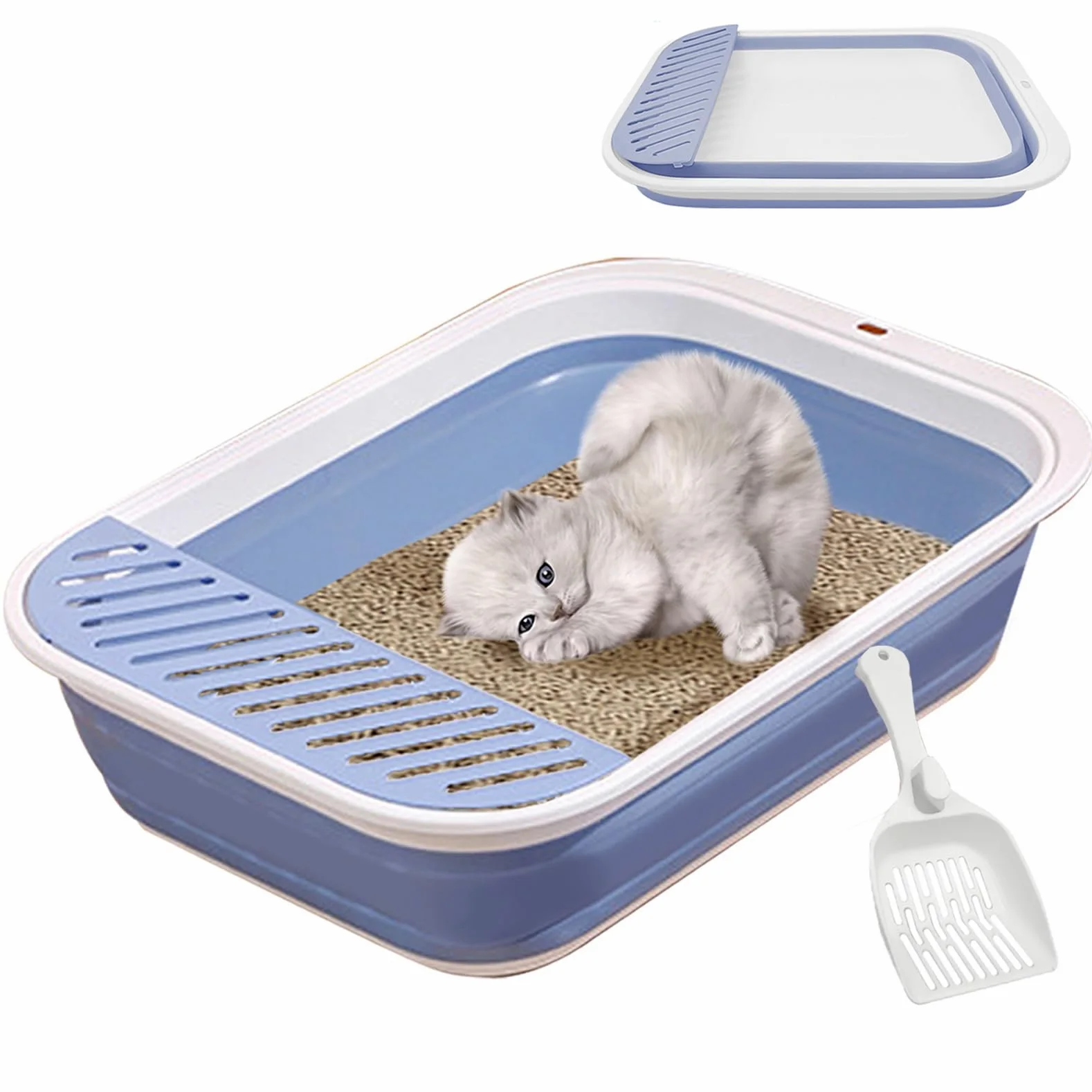 VCEPJH Lettiera per gatti piccola, pieghevole, con paletta, pieghevole, poco profonda, impermeabile, da viaggio, per gatti di piccole dimensioni, 45 x 34 x 12,4 cm (blu, M)