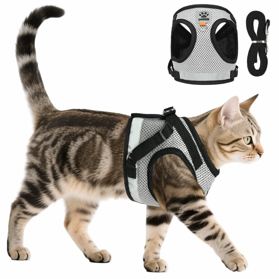 AUYAO Pettorina per Gatti– Set Antifuga Regolabile e Traspirante per Gatti Piccoli/Medi, Design Riflettente per Passeggiate Notturne, Comfortevole e Sicuro (Grigio-Nero, S)