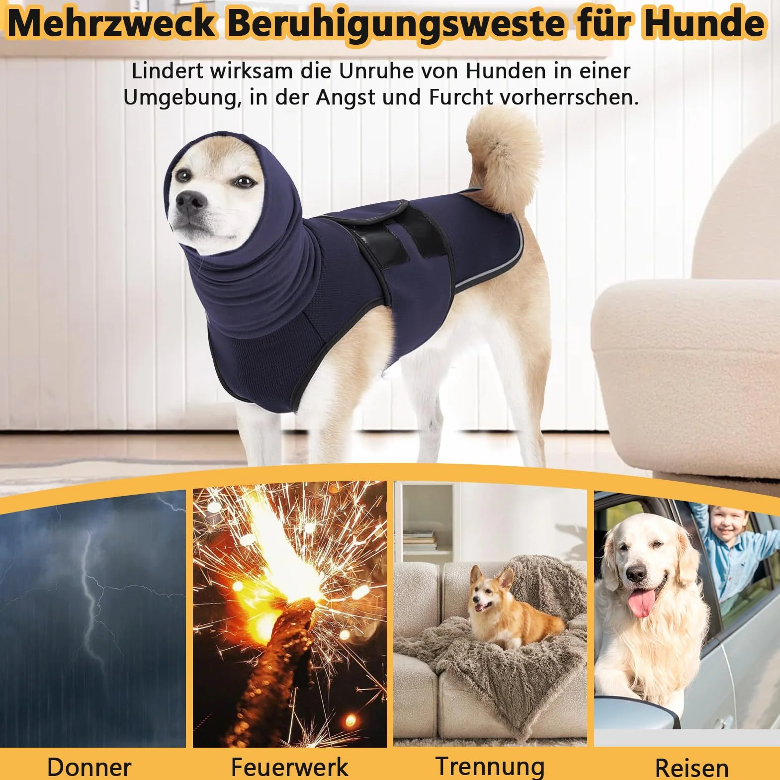 Gilet calmante per cani con cappuccio e strisce riflettenti, regolabile, traspirante, blu scuro 3XL