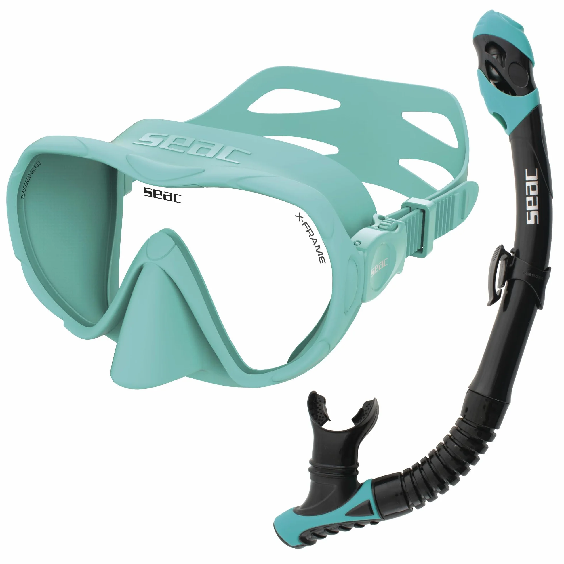 SEAC Set Bis X-Frame Dry – Set Snorkeling Adulto con Maschera Frameless Monolente in Vetro Temperato e Snorkel Dry Top | Silicone, Valvola di Spurgo e Boccaglio Ergonomico per Immersioni e Snorkeling