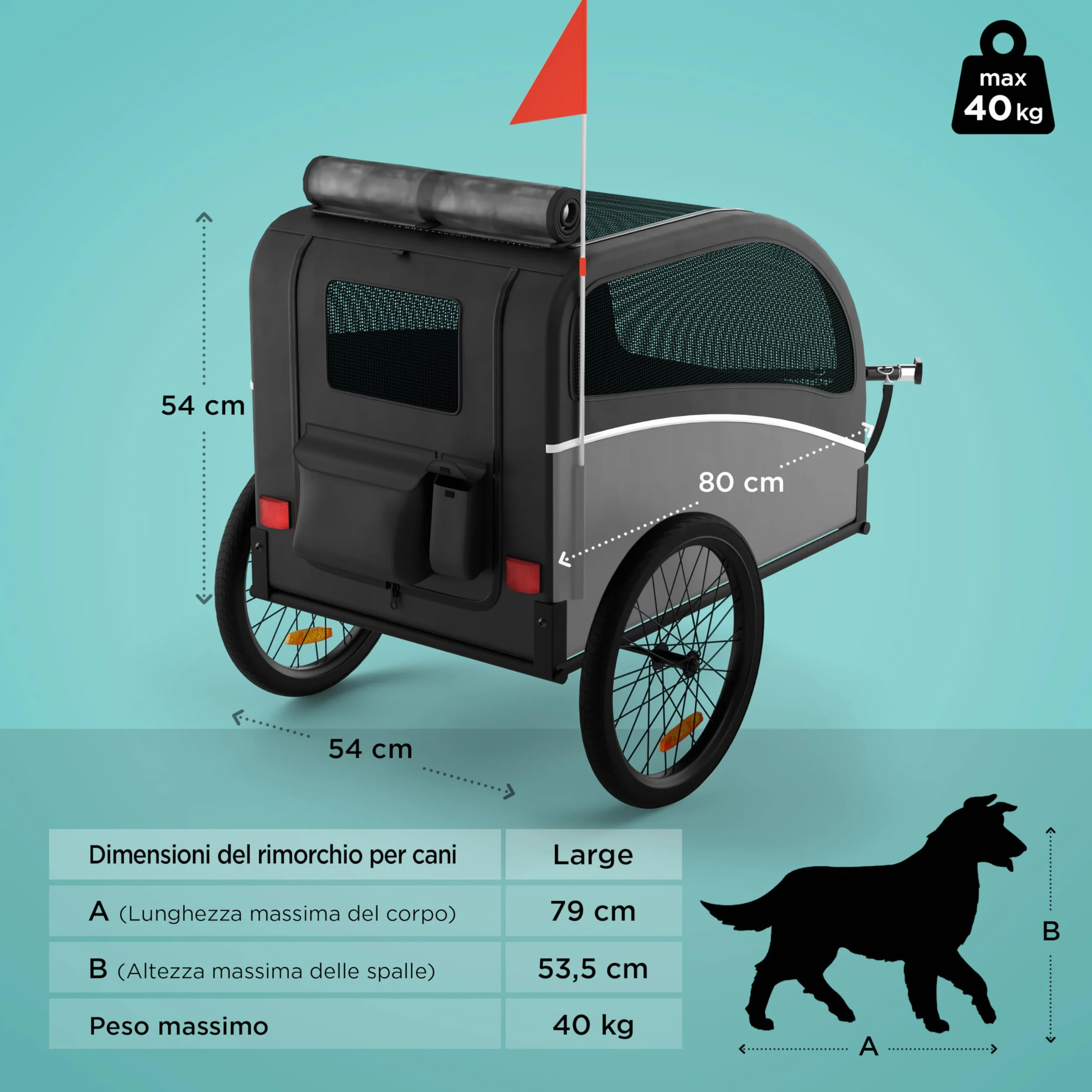 Rimorchio Bici Cani – Carrello per Cani Pieghevole fino a 40 kg – Carrello Bici per Cani con Gancio e Catarifrangenti – Carrello Cane – Rimorchio Cane – Compatibile con E-Bike