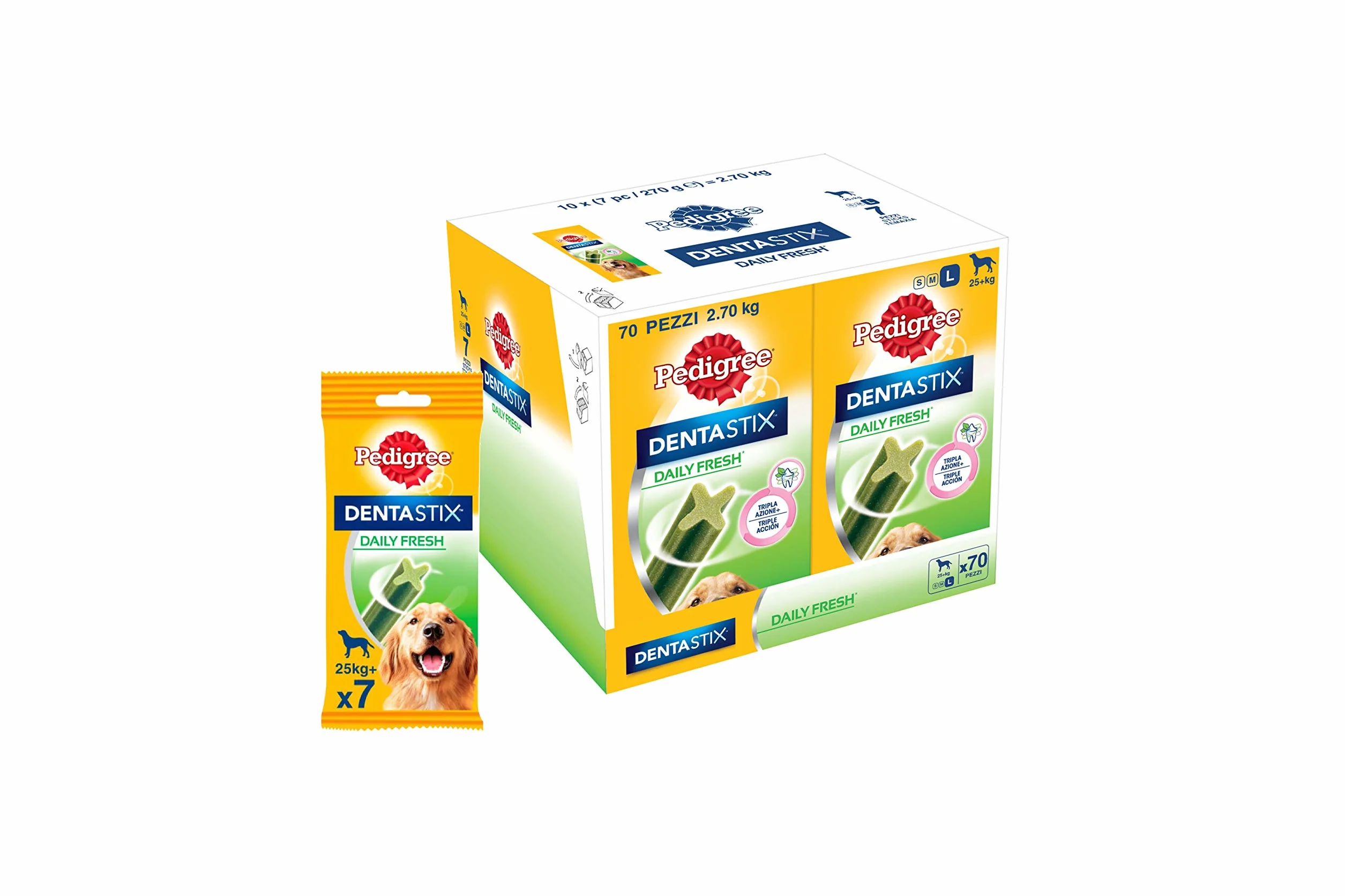 Pedigree Dentastix Fresh 70 Snack per la Igiene Orale (Cane Grande 25 kg+) 270 g 7 Bastoncini - 10 Pacchetti (70 Bastoncini in Totale)