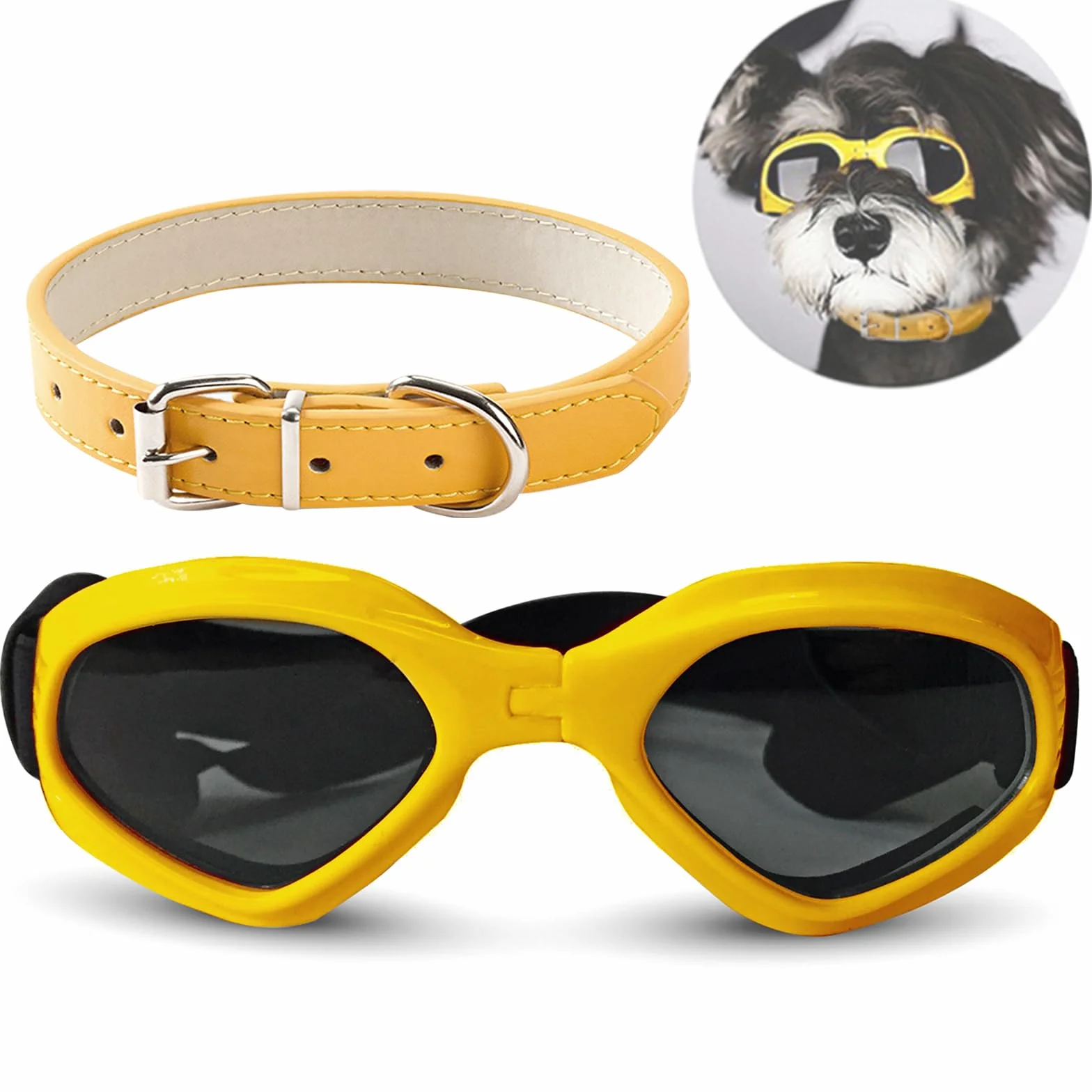 Occhiali per Cani Taglia Piccola, Pieghevole Occhiali da Sole per Cani e Gatti, Protezione UV, Regolabile, con Collari per Pet, Giallo