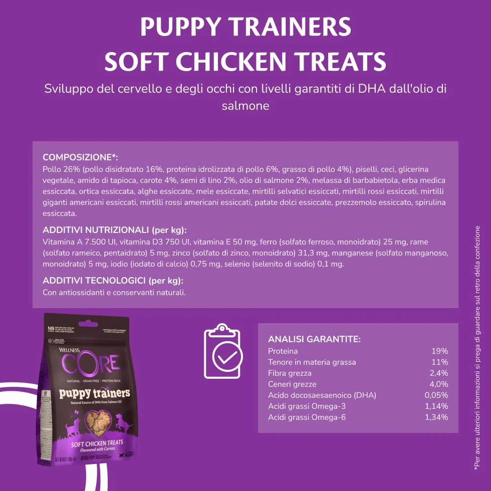 Wellness CORE Training Treats 170g, Pollo/Carote – Snack Morbidi per Cuccioli, Senza cereali, Naturale, Ipoallergenico, Ricco di Proteine, Alto Contenuto di Carne, Perfette per l’Apprendimento