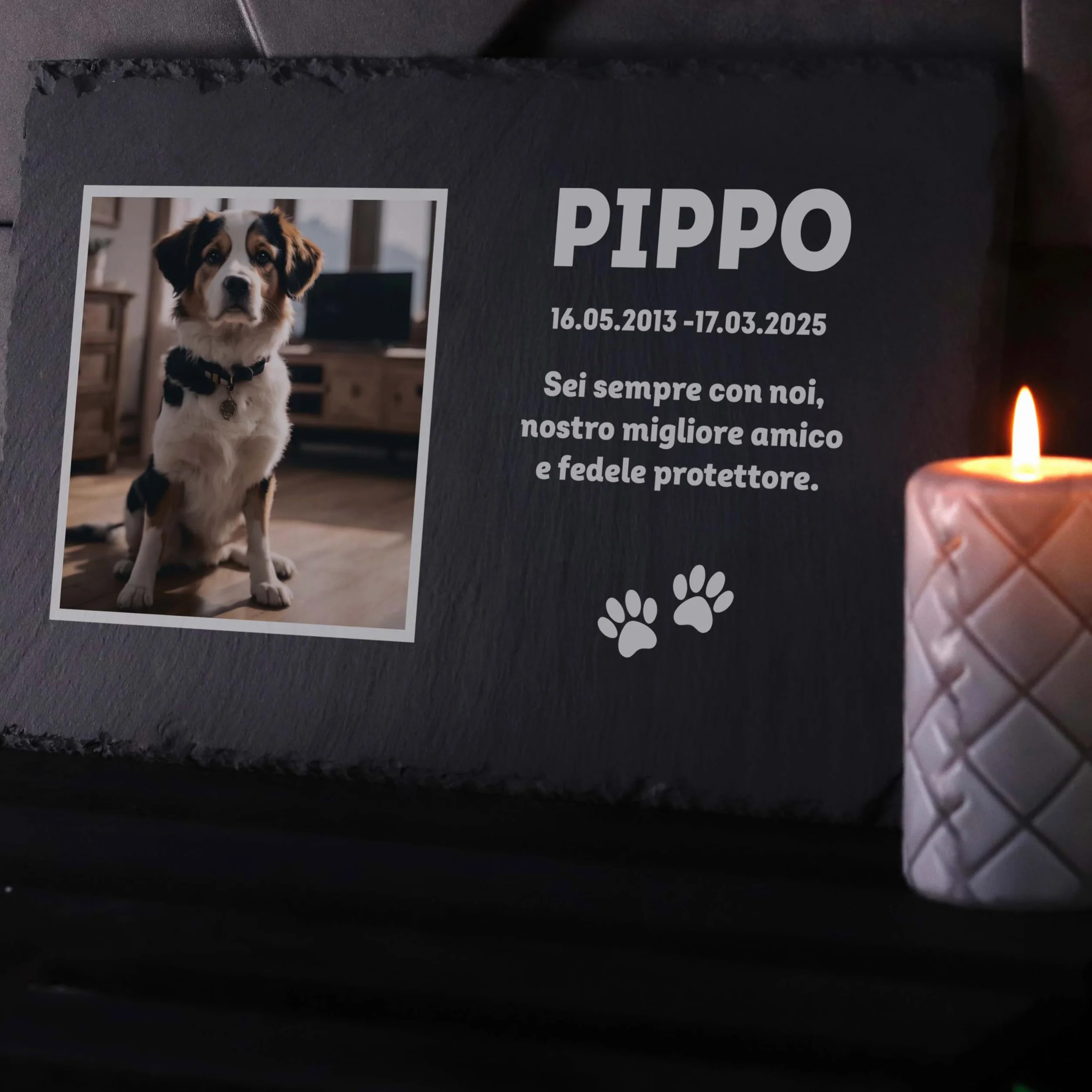 Lastra Personalizzata con Nome e Foto per Animali Domestici in Ardesia 3 Dimensioni Ricordo Tombale