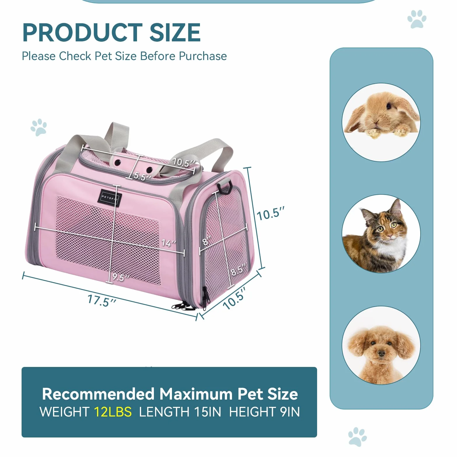 PETSFIT Borsa per gatti con tappetino estensibile, approvato dalle compagnie aeree, trasportino per gatti e cuccioli fino a 5,4 kg (44 x 26,5 x 27 cm, rosa)