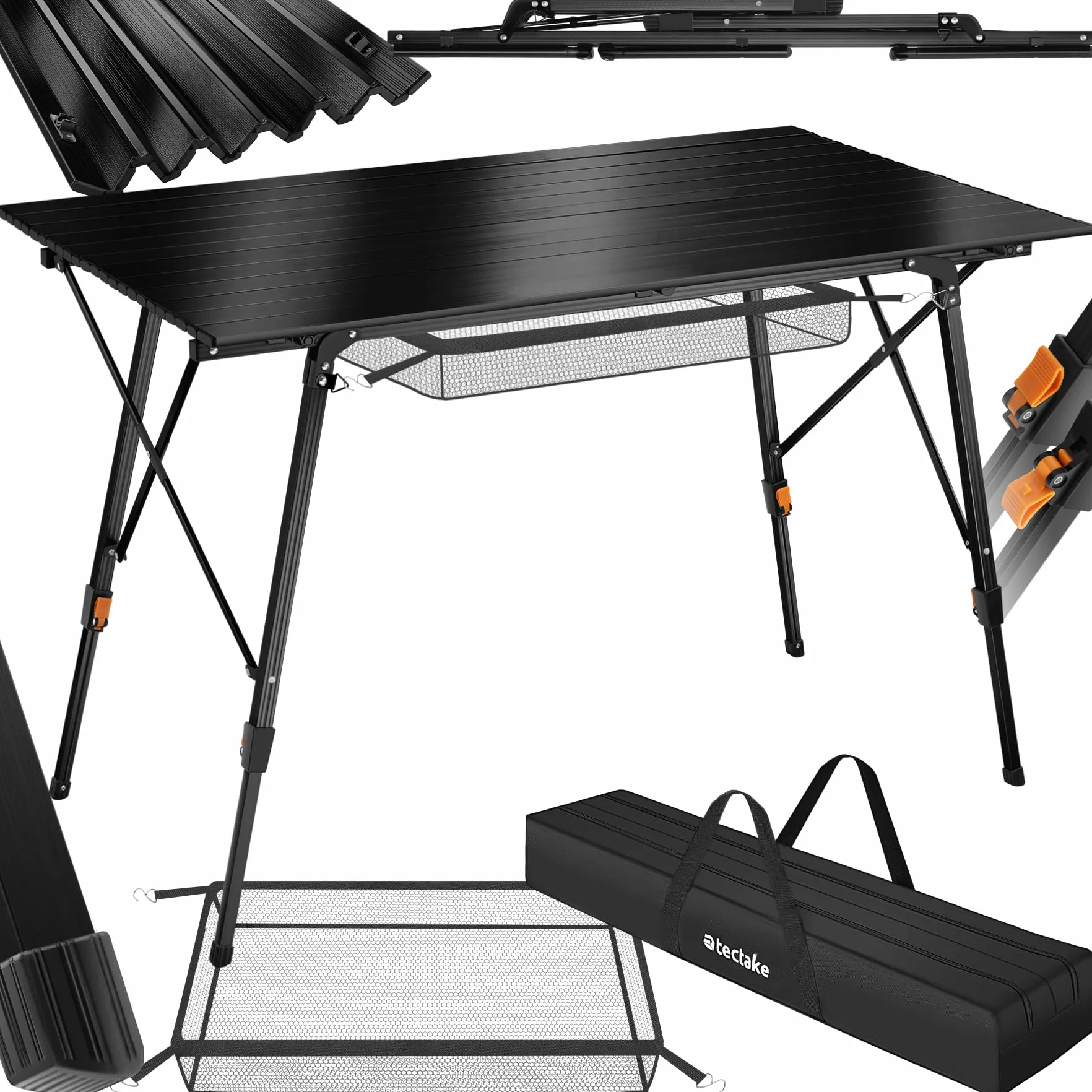 tectake® Tavolo da Campeggio in Alluminio Pieghevole Bastian, Regolabile in Altezza, Tavolo, Alluminio, Tavolo Richiudibile, Rete Portaoggetti, Tavolo Pieghevole Campeggio - Nero