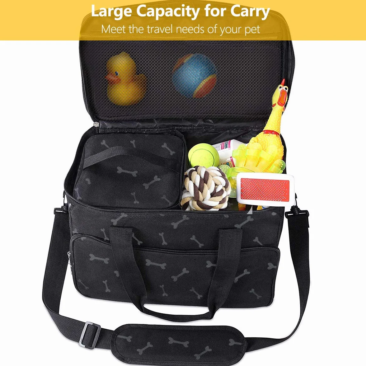 Zwini Borsa da viaggio per cani lavabile Borsa termica con scomparti, alimentatore pieghevole e bevitore (nero)