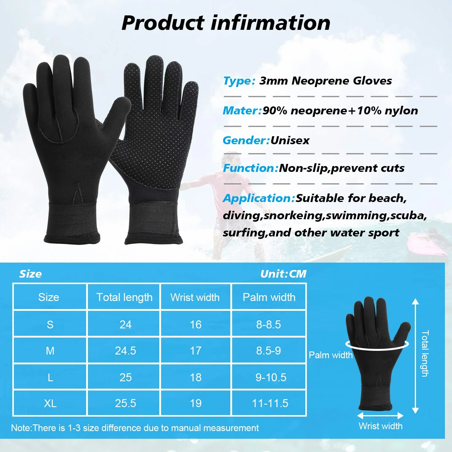 QKURT Guanti in Neoprene, 3mm Tropical Gloves High Stretch Gloves per uomini donne immersioni, surf, kayak, snorkeling, vela, canottaggio
