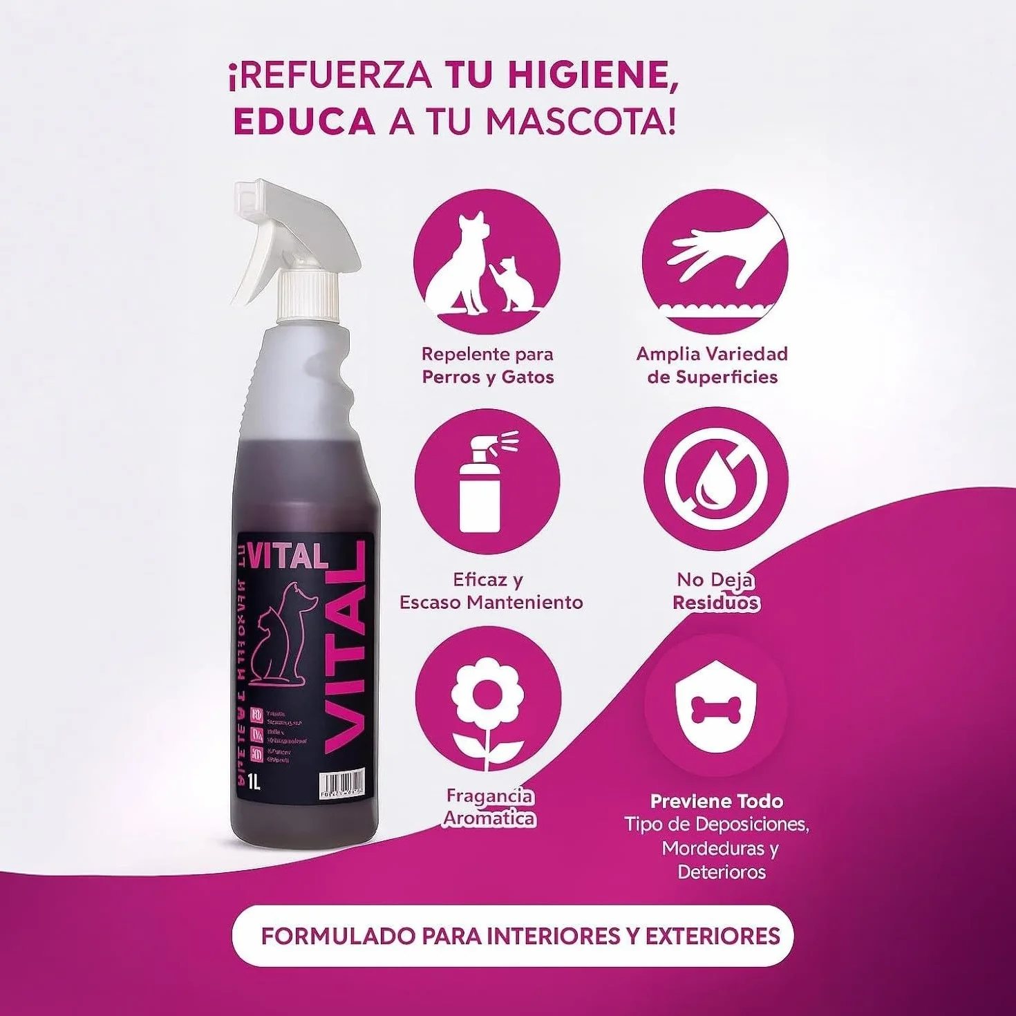 Vital Correttore di minzioni per cani e gatti 1000 ml - Eliminatore di odori e tracce di urina - Aiuto per l'addestramento degli animali domestici - Uso interno ed esterno - Efficace
