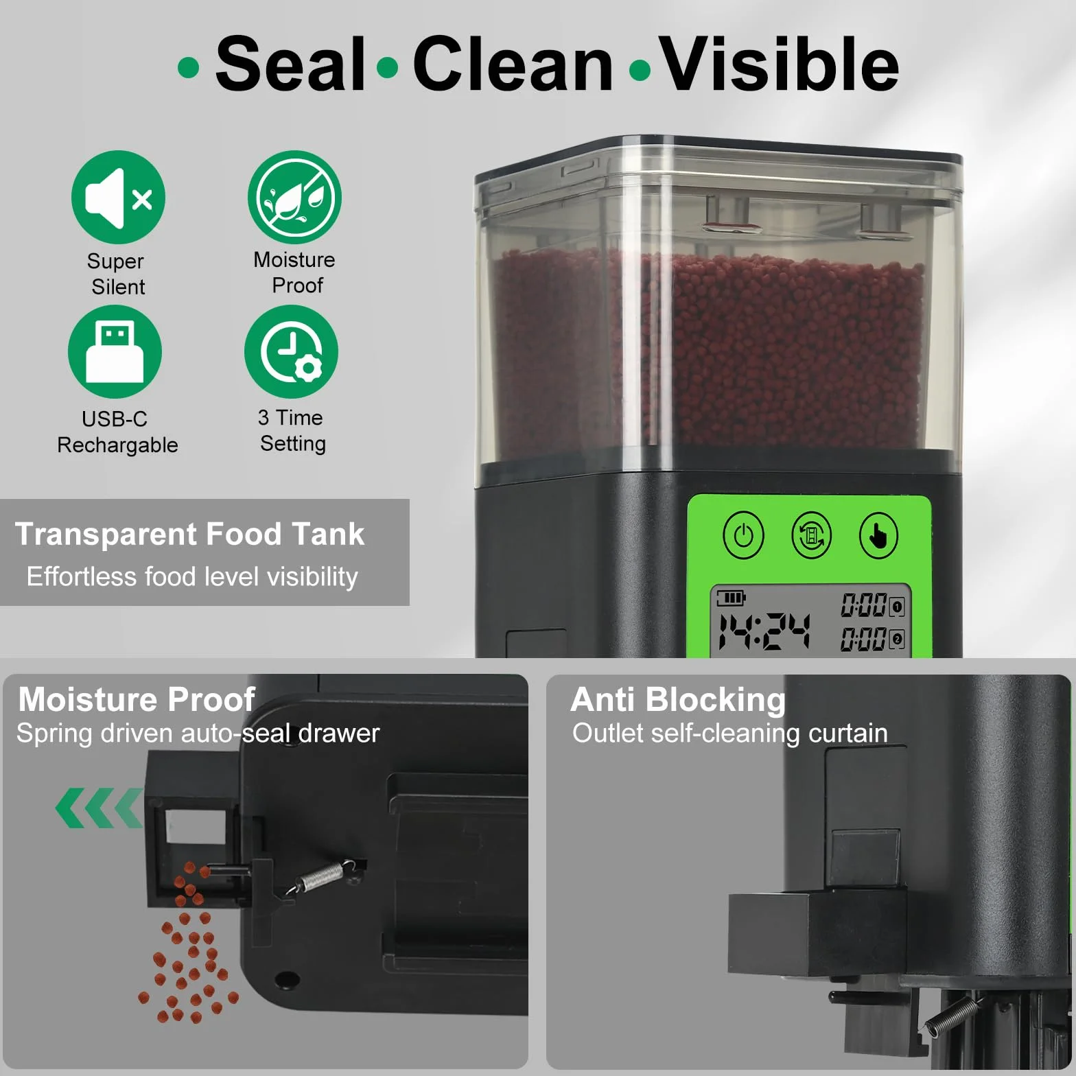 Lychee - Erogatore automatico di cibo per pesci ricaricabile USB 320 ml grande capacità con schermo LCD resistente all'umidità con timer elettrico