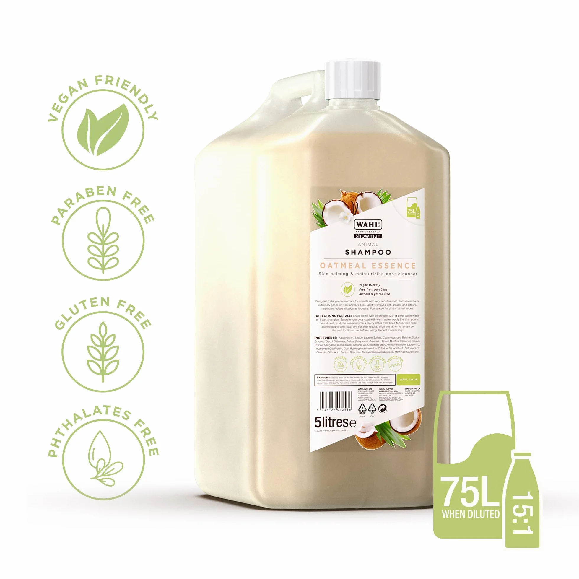 WAHL Oatmeal Essence Dog Shampoo - 5 litri, concentrato 15:1, formula naturale, vegano, per pelli e manti sensibili