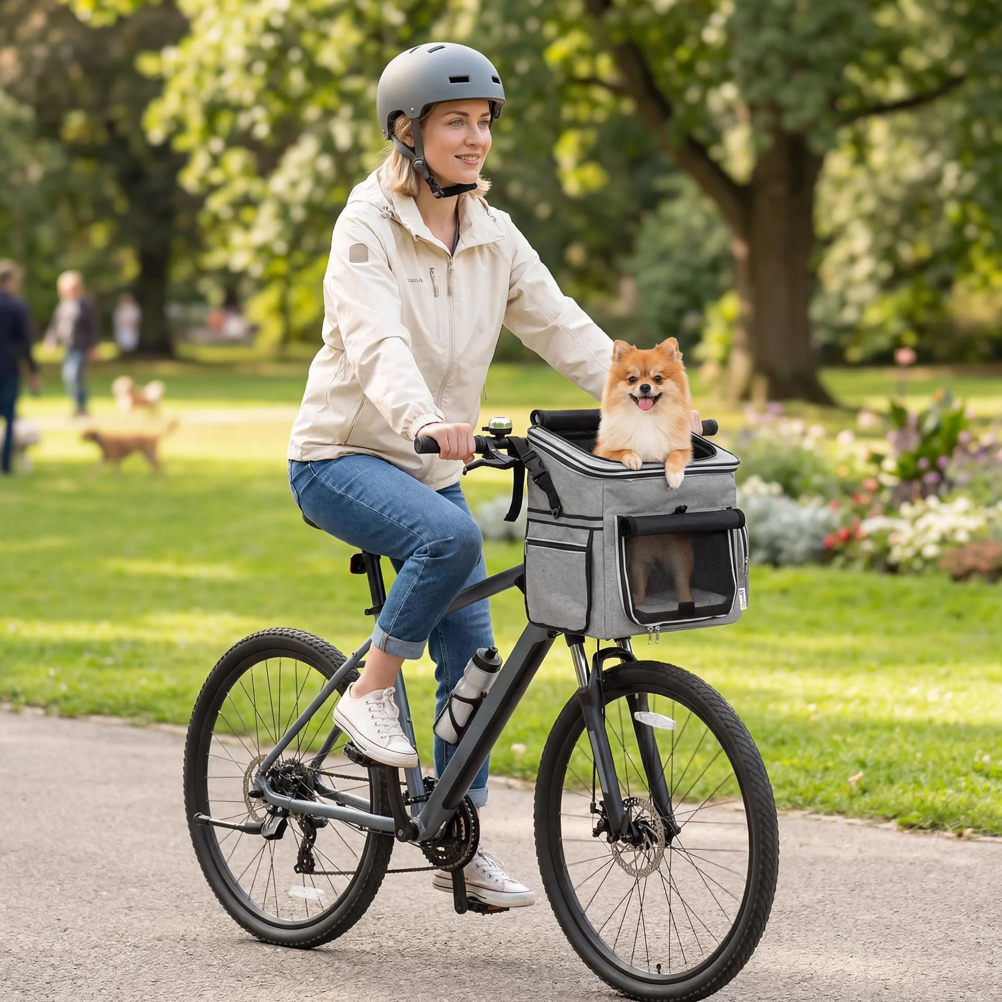 PawHut Cestello da bicicletta Anteriore per Cani Gatti, Cestino Bici Anteriore Portatile con Guinzaglio di Sicurezza, Base Rigida Rimovibile, Coperchio Staccabile, Cuscino Soffice, Finestre e Porta