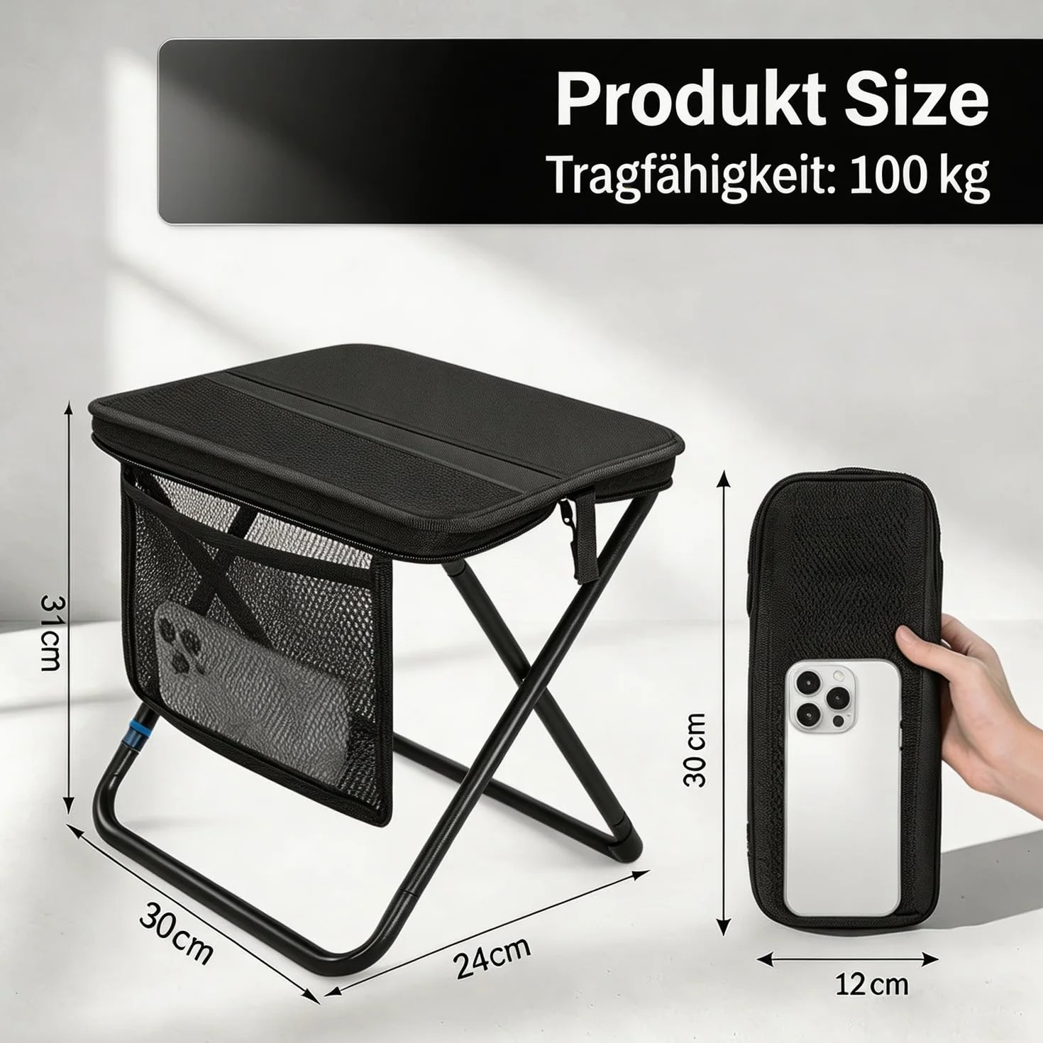 Sgabello Pieghevole Portatile da Campeggio, Sedia Esterna Compatta e Leggera con Borsa e Cerniera, Robusta e Stabile, Ideale per Pesca, Escursionismo, Viaggi e Attività Outdoor (Nero)