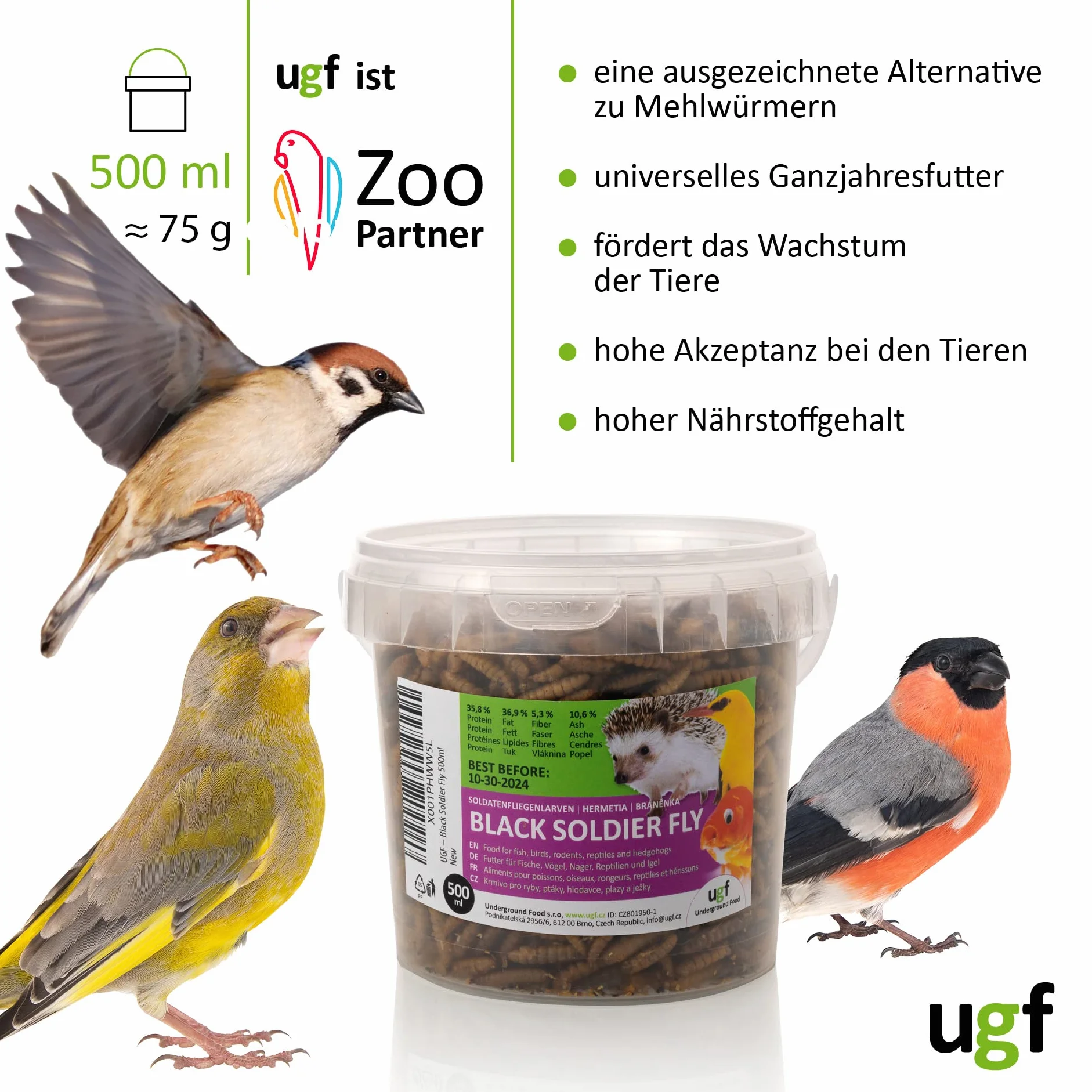 UFG - Larve di mosca soldato essiccate 75 g - Cibo per uccelli selvatici e ricci